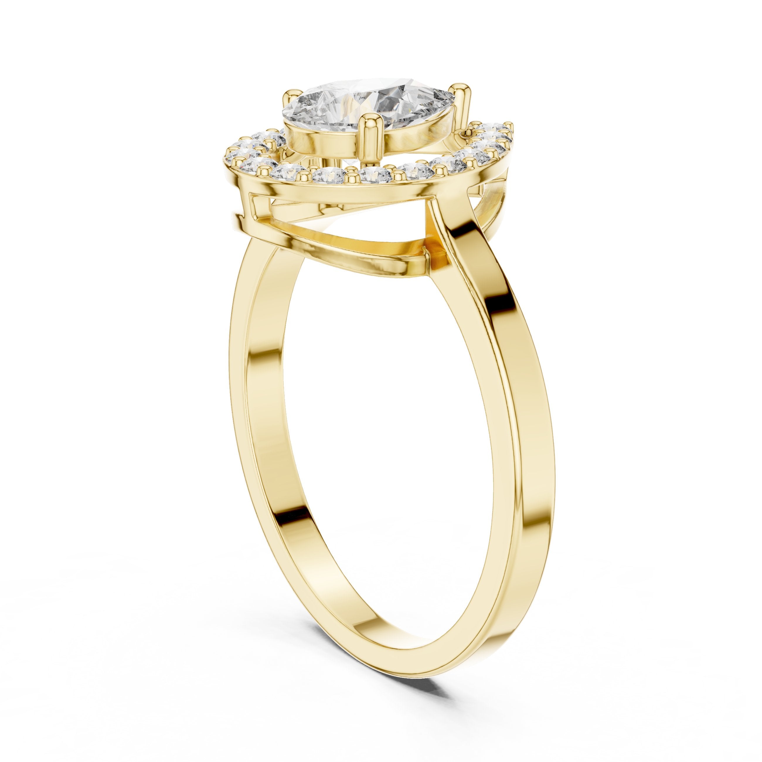 Pear Diamond Halo Engagement Ring with Plain Band in Yellow Gold - VYKA Diamonds