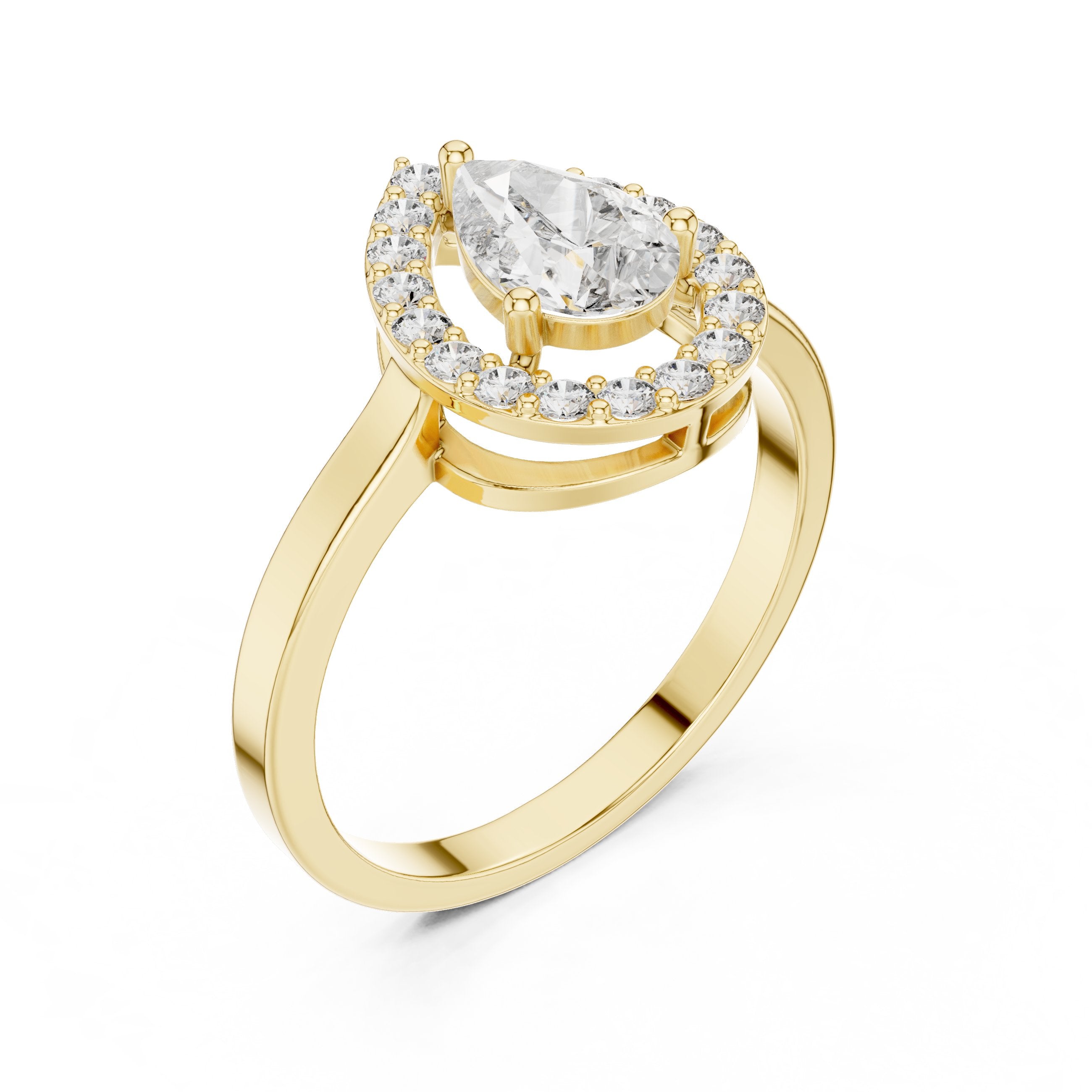 Pear Diamond Halo Engagement Ring with Plain Band in Yellow Gold - VYKA Diamonds