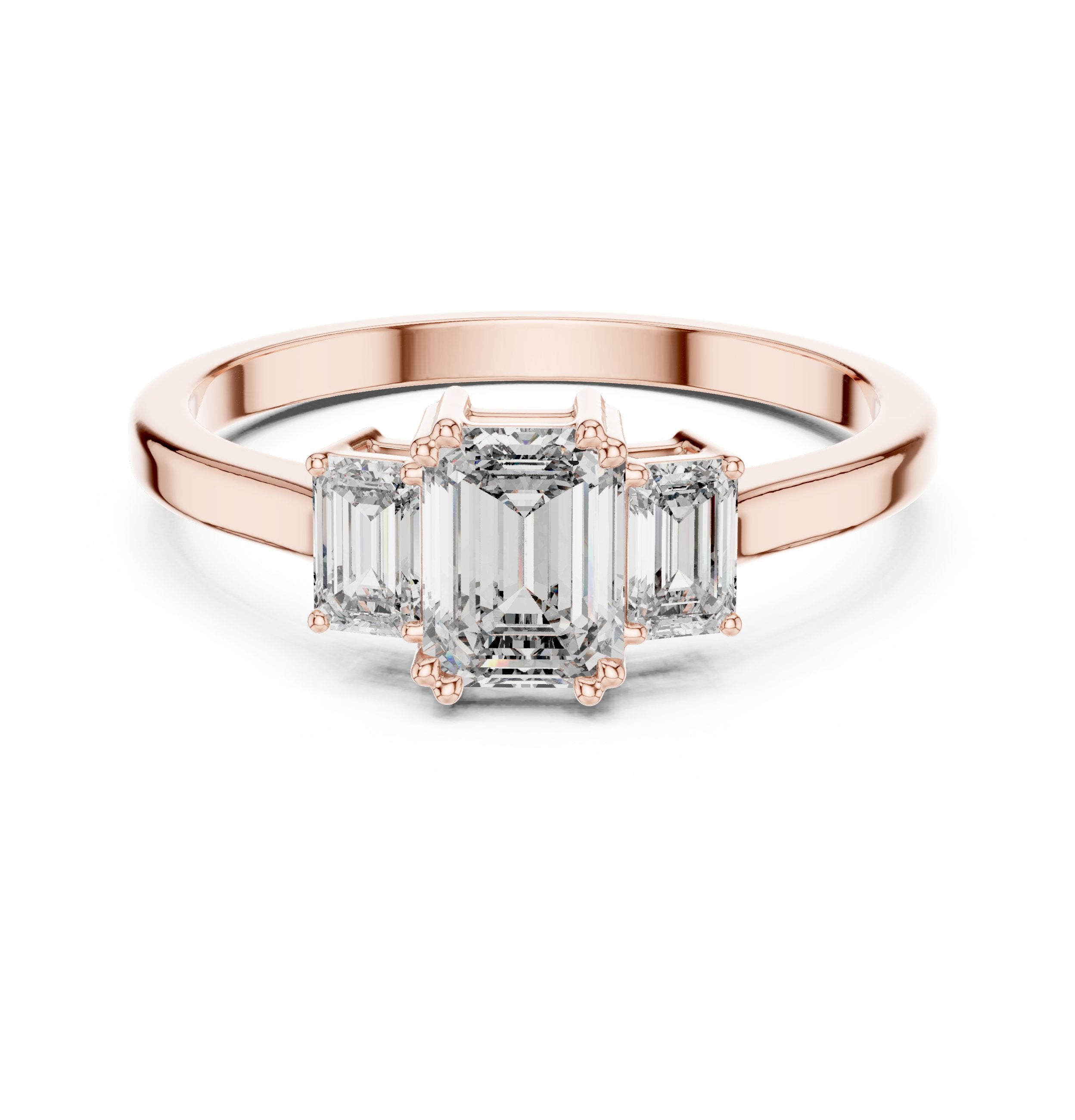 Emerald Cut Three Stone Engagement Ring in Rose Gold - VYKA Diamonds