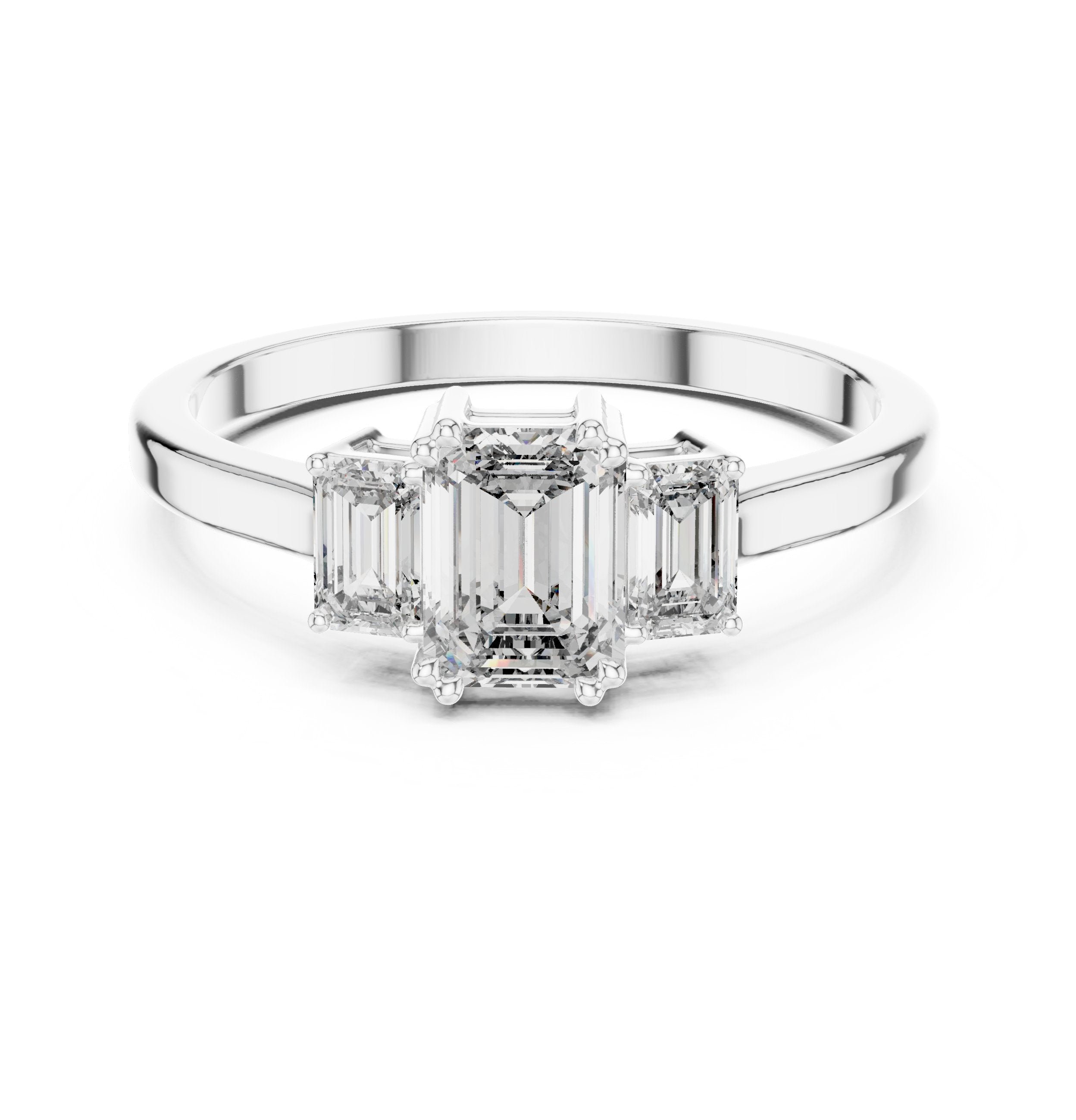 Emerald Cut Three Stone Engagement Ring in White Gold - VYKA Diamonds