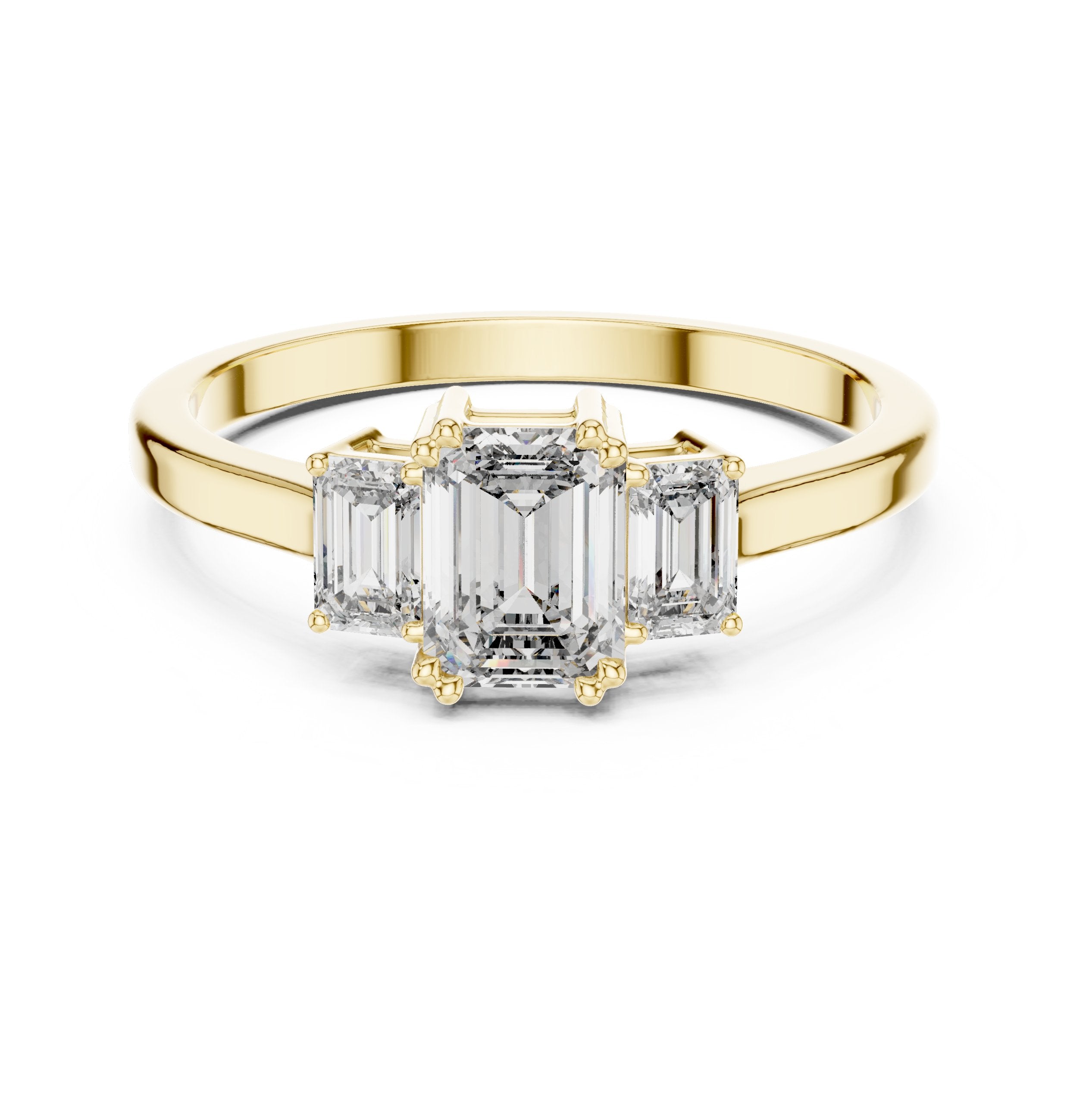 Emerald Cut Three Stone Engagement Ring in Yellow Gold - VYKA Diamonds