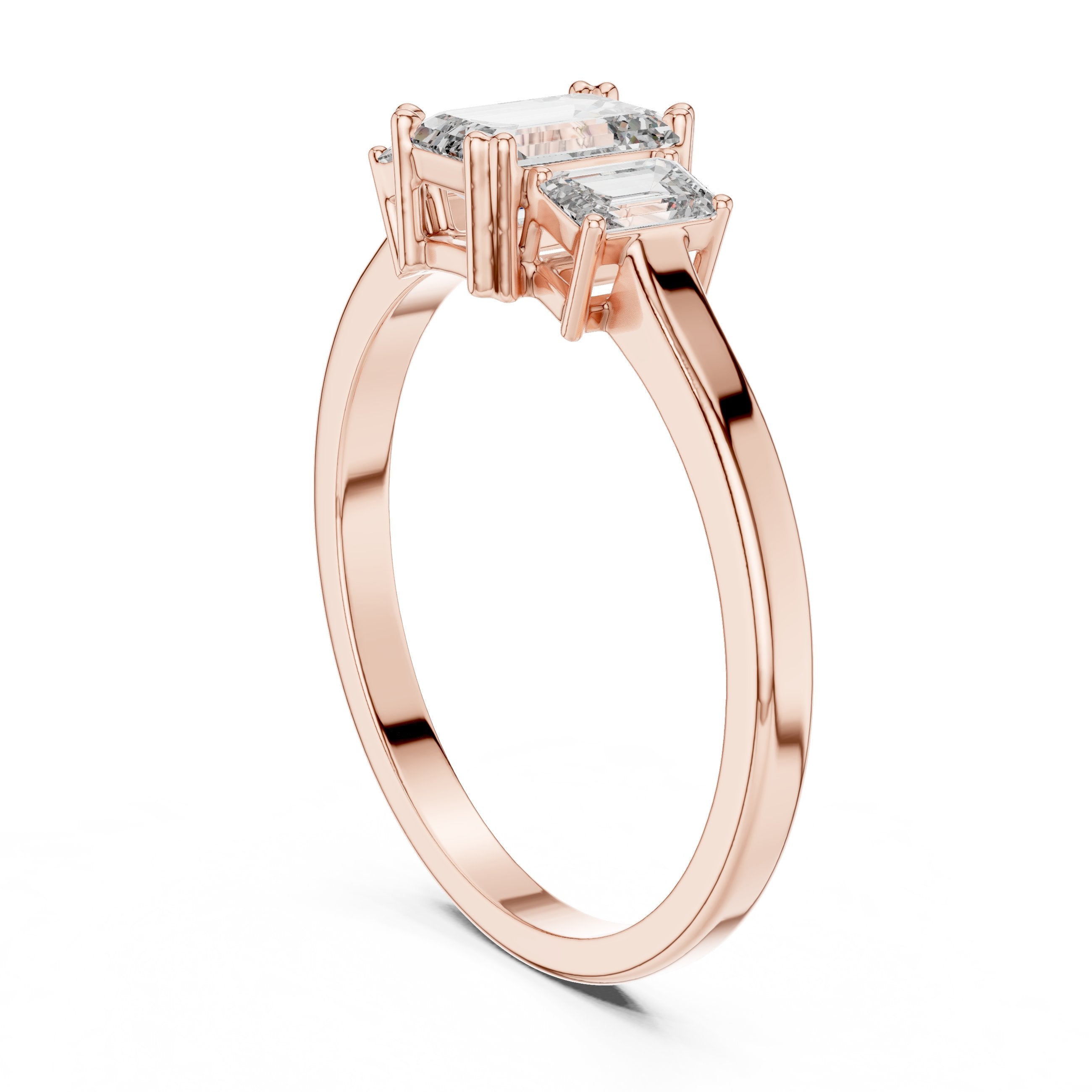 Emerald Cut Three Stone Engagement Ring in Rose Gold - VYKA Diamonds