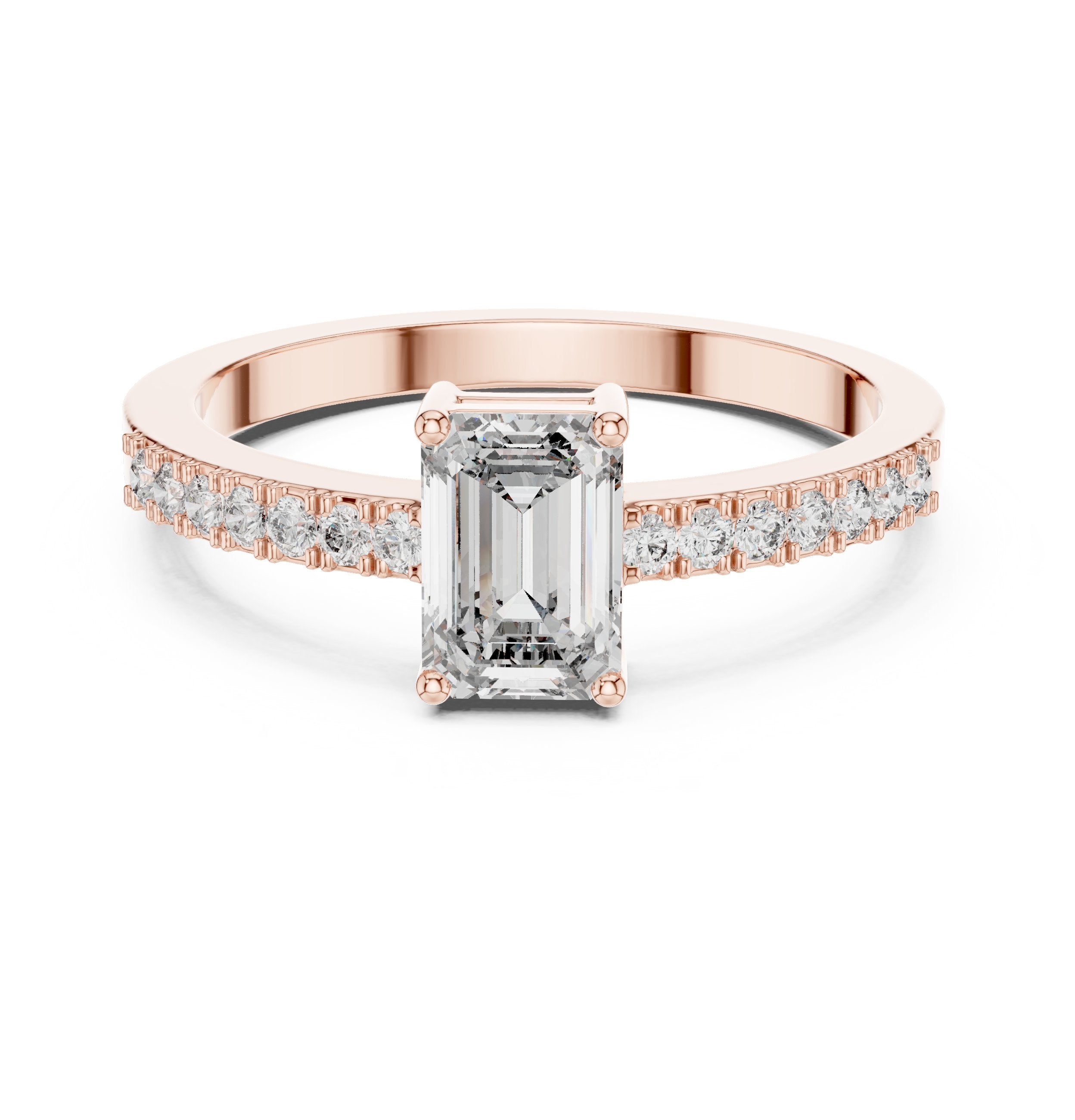 Emerald Cut Solitaire Engagement Ring with Pavé Shoulders in Rose Gold - VYKA Diamonds