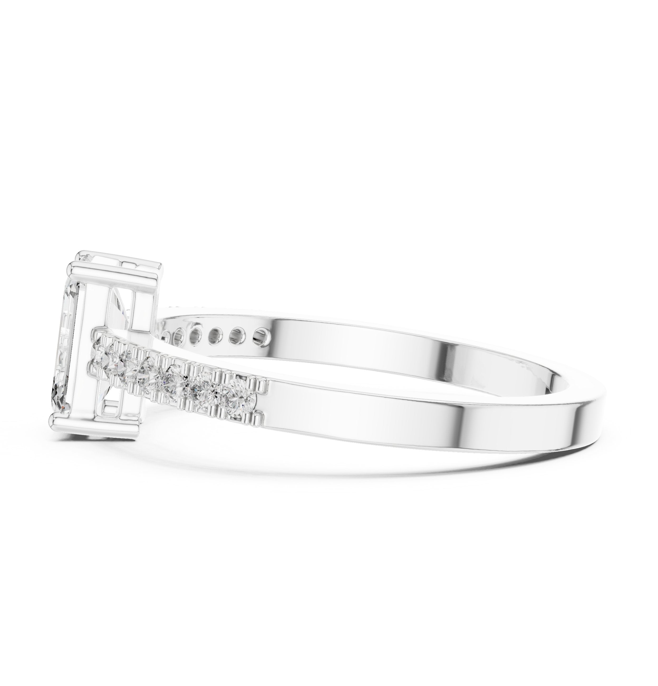 Emerald Cut Solitaire Engagement Ring with Pavé Shoulders in White Gold - VYKA Diamonds