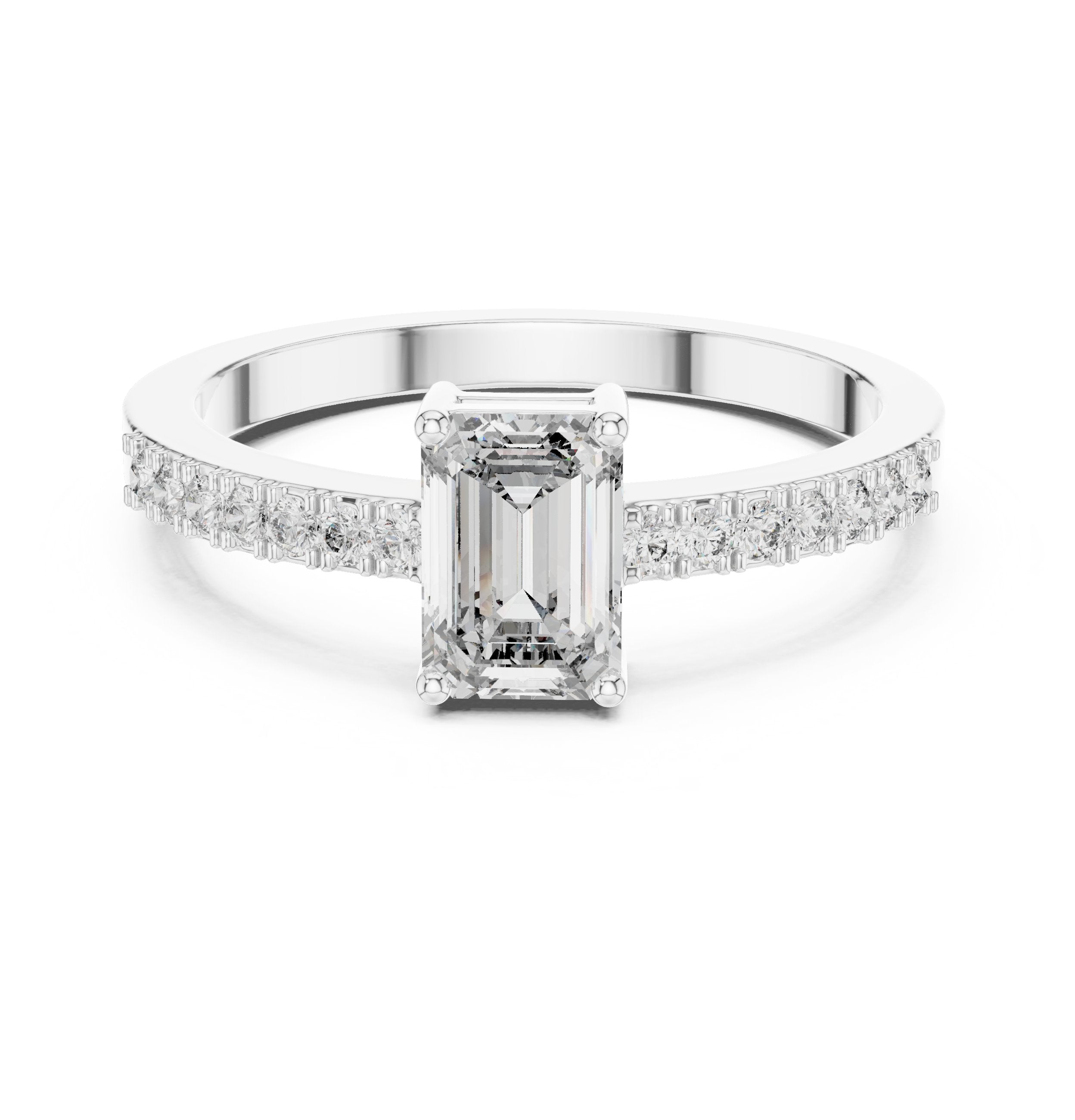 Emerald Cut Solitaire Engagement Ring with Pavé Shoulders in White Gold - VYKA Diamonds