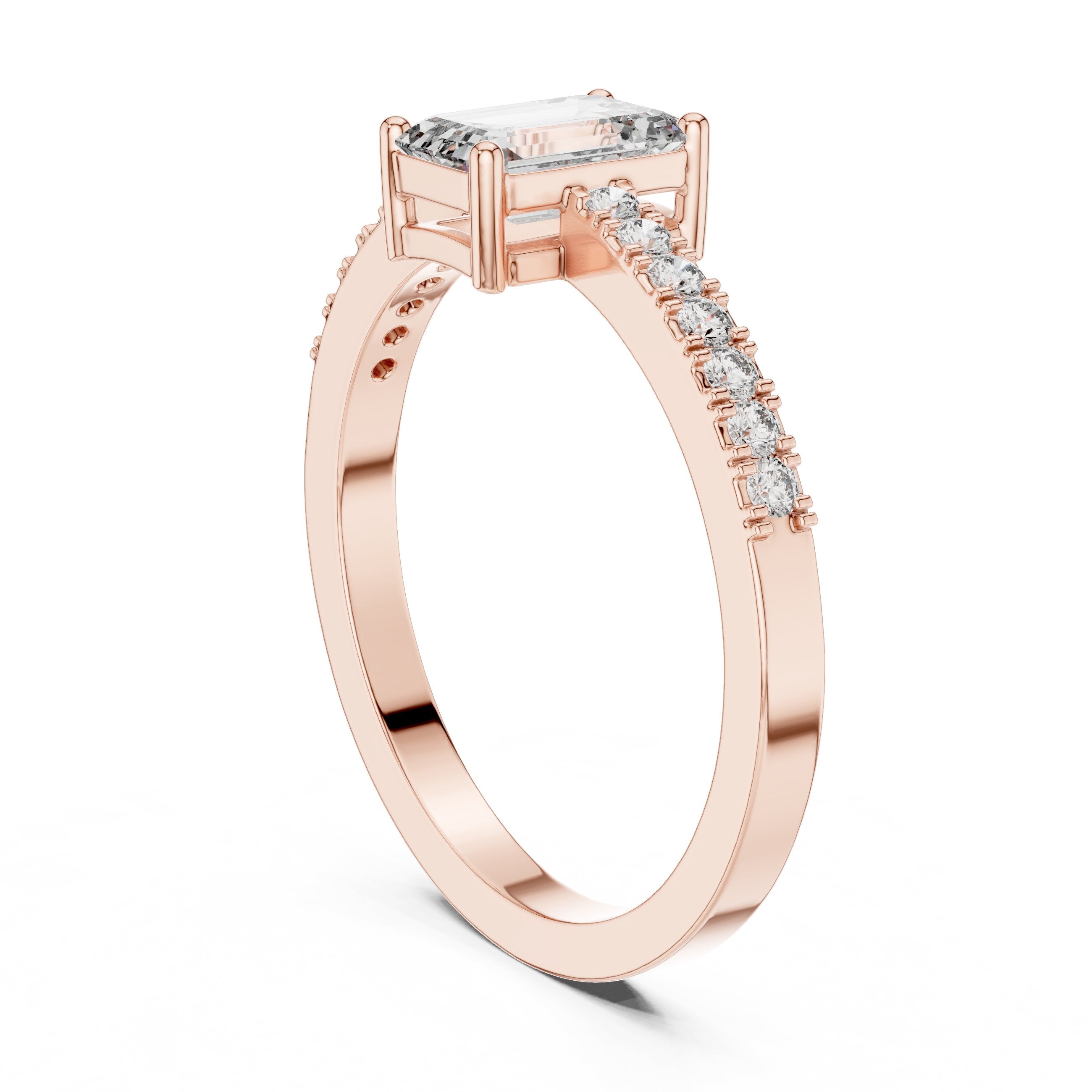 Emerald Cut Solitaire Engagement Ring with Pavé Shoulders in Rose Gold - VYKA Diamonds