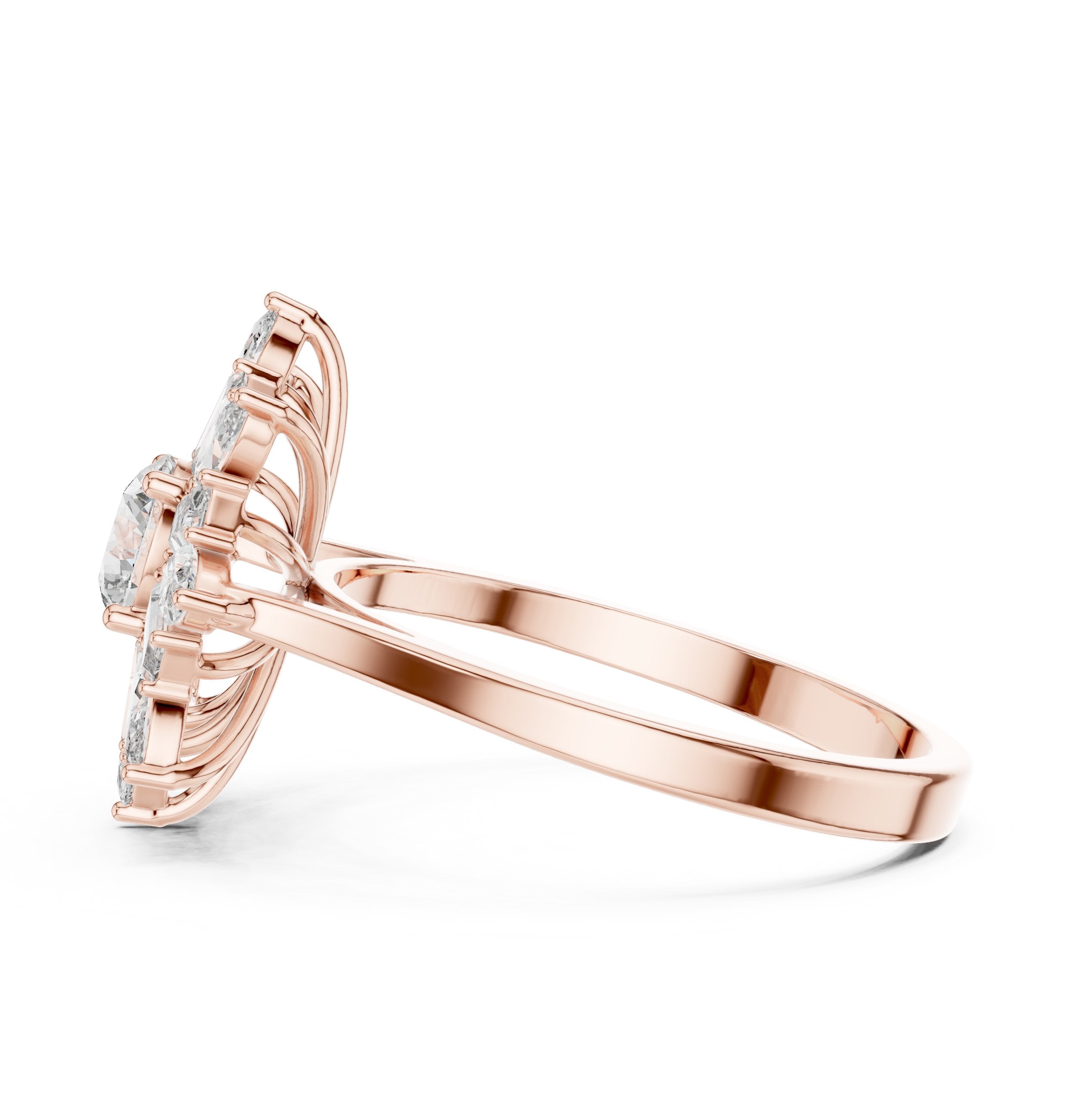 Round Diamond Floral Halo Engagement Ring with Pear and Baguette Petals in Rose Gold - VYKA Diamonds