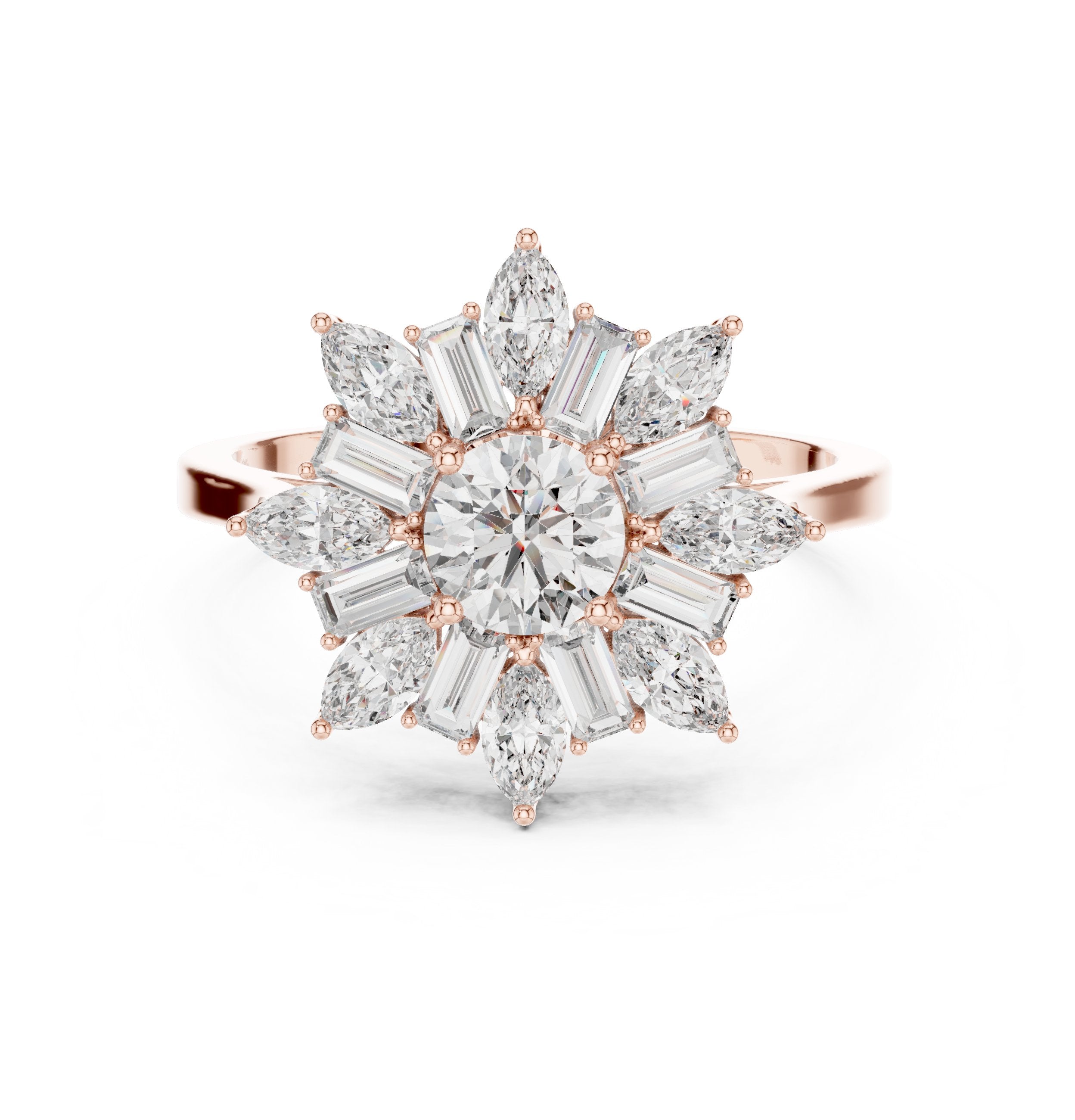Round Diamond Floral Halo Engagement Ring with Pear and Baguette Petals in Rose Gold - VYKA Diamonds