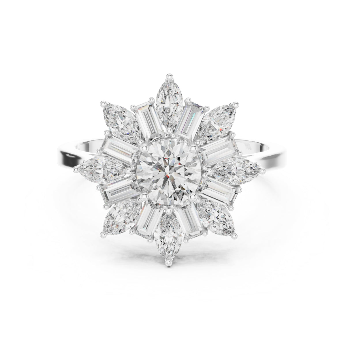 Round Diamond Floral Halo Engagement Ring with Pear and Baguette Petals