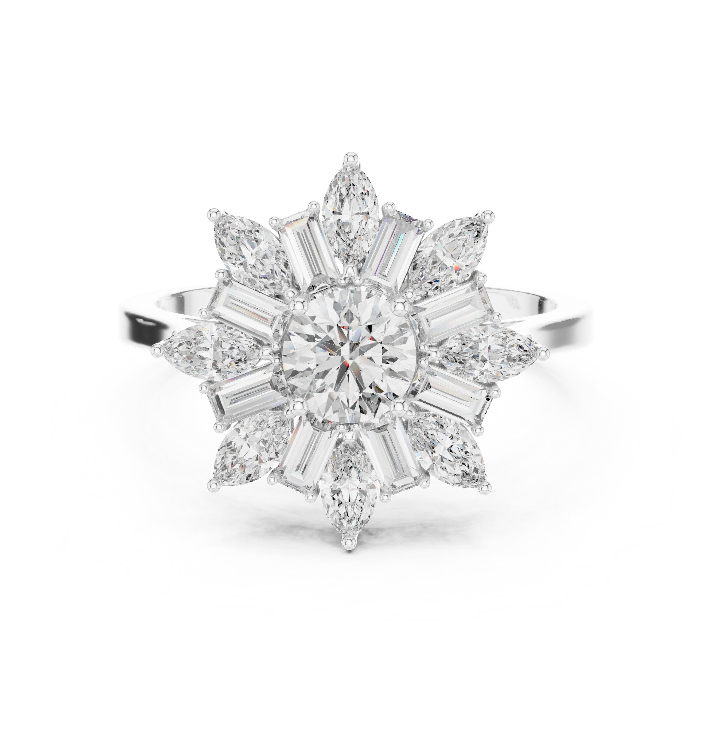 Round Diamond Floral Halo Engagement Ring with Pear and Baguette Petals in White Gold - VYKA Diamonds