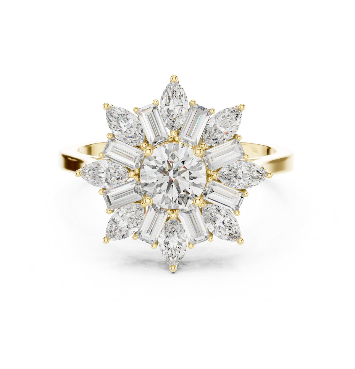 Round Diamond Floral Halo Engagement Ring with Pear and Baguette Petals