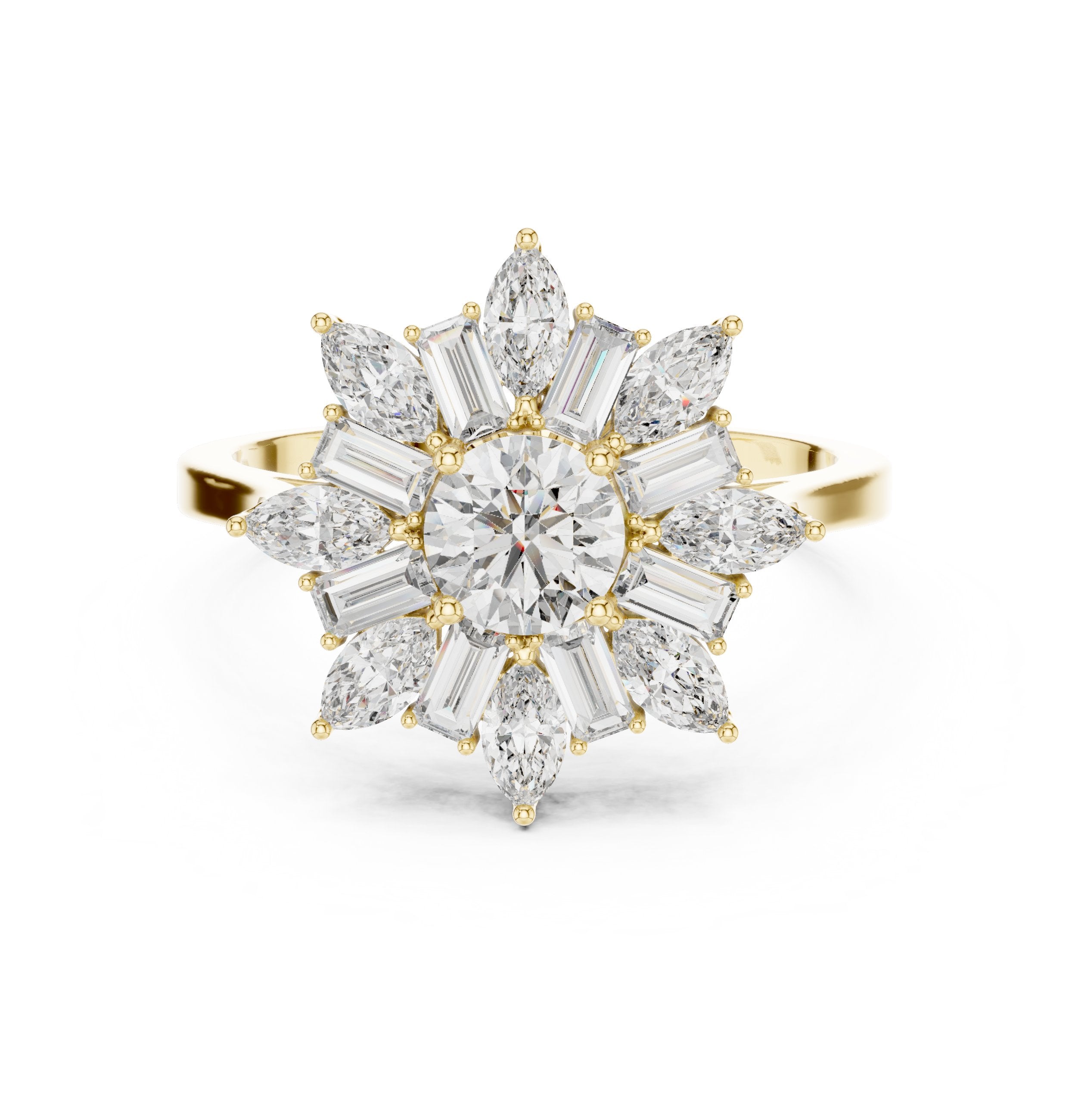 Round Diamond Floral Halo Engagement Ring with Pear and Baguette Petals in Yellow Gold - VYKA Diamonds