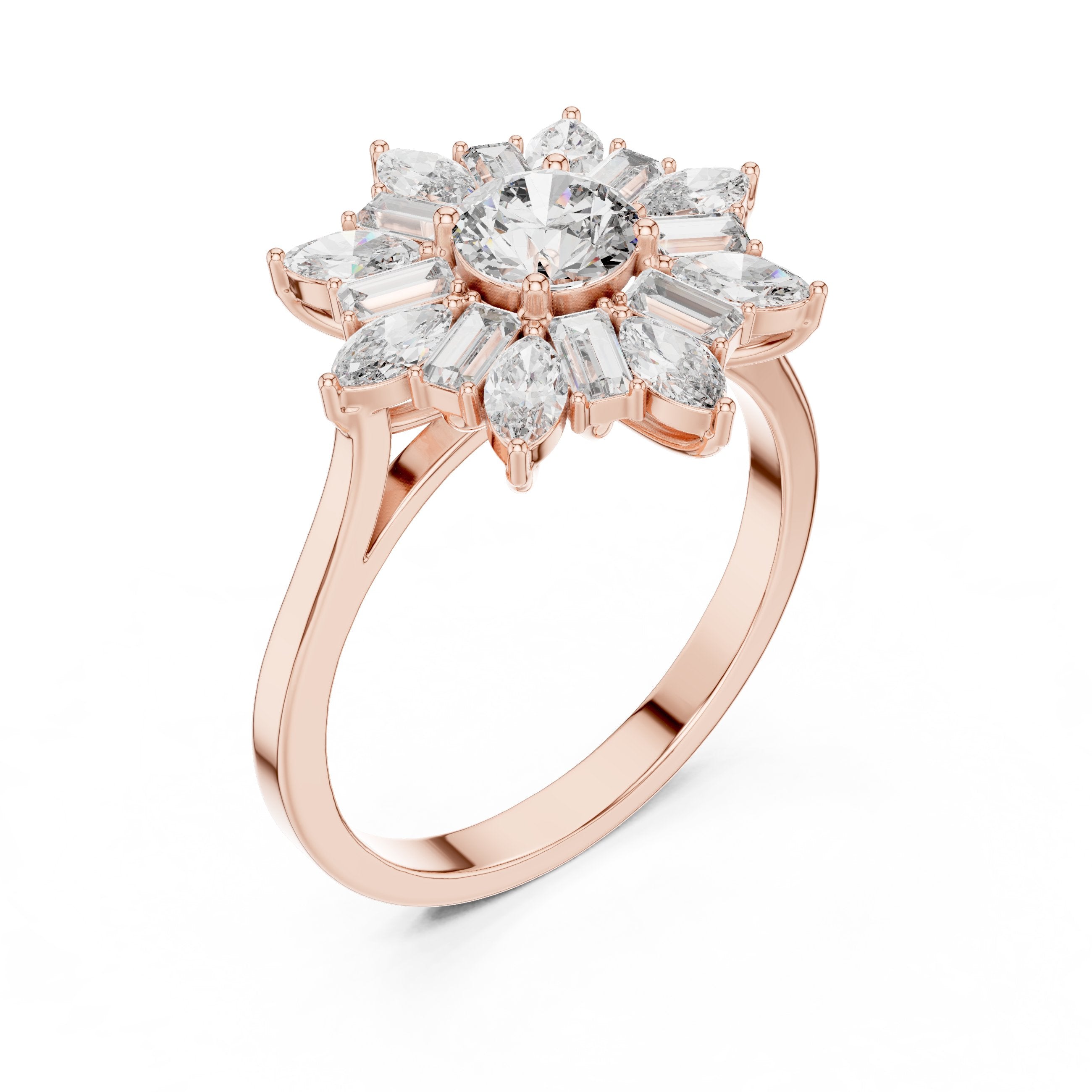 Round Diamond Floral Halo Engagement Ring with Pear and Baguette Petals in Rose Gold - VYKA Diamonds
