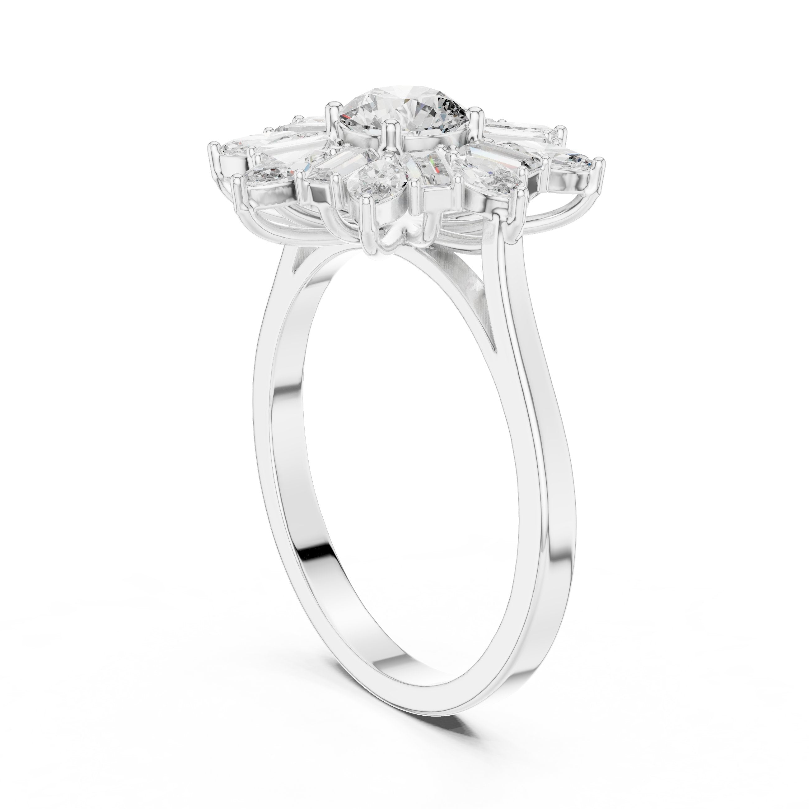 Round Diamond Floral Halo Engagement Ring with Pear and Baguette Petals in White Gold - VYKA Diamonds