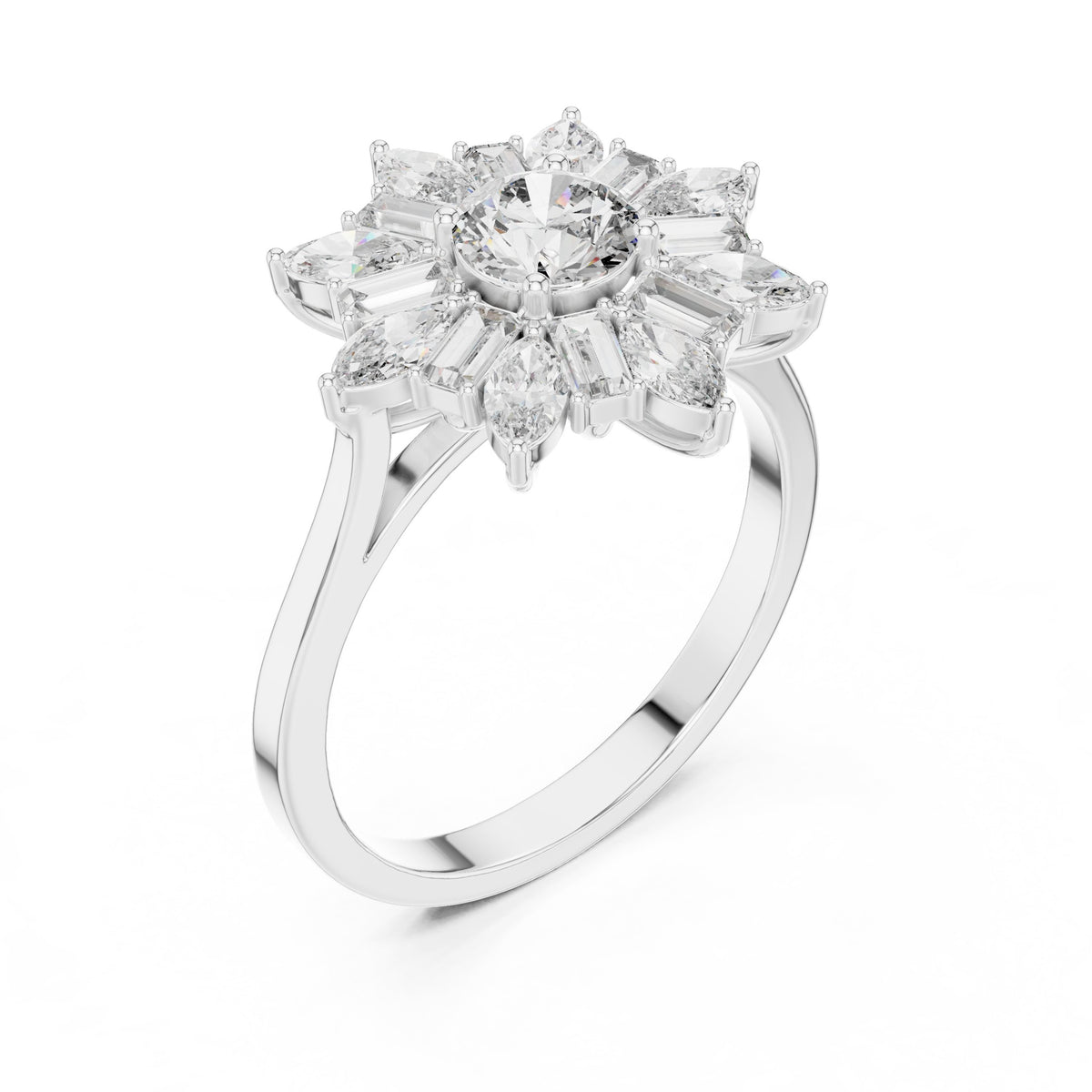 Round Diamond Floral Halo Engagement Ring with Pear and Baguette Petals