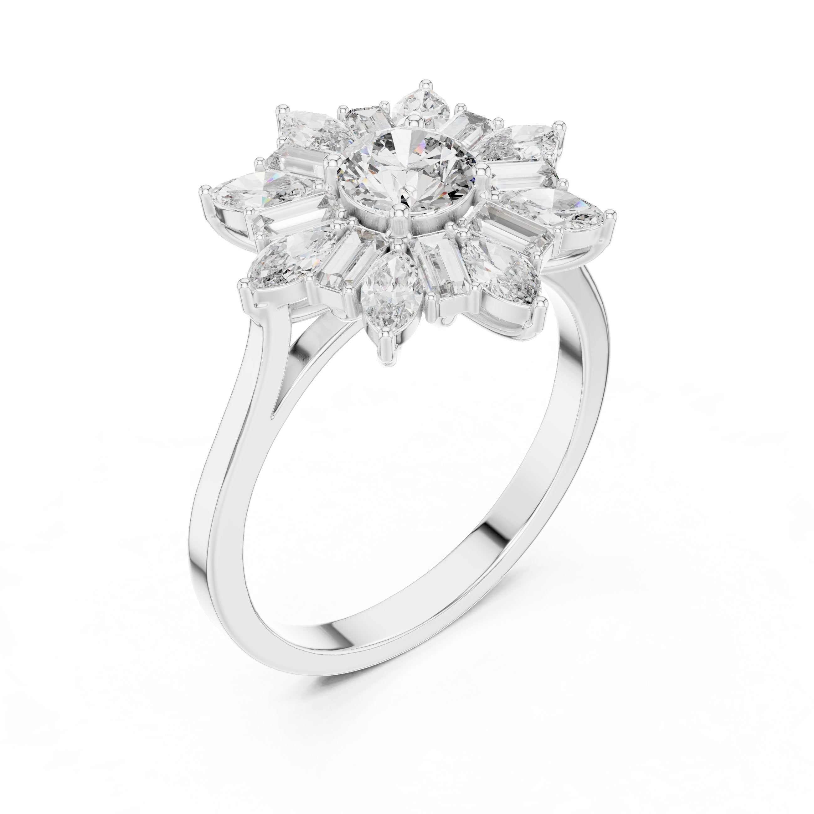 Round Diamond Floral Halo Engagement Ring with Pear and Baguette Petals in White Gold - VYKA Diamonds