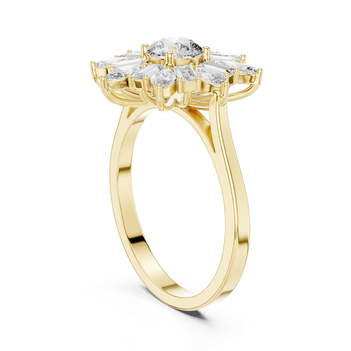 Round Diamond Floral Halo Engagement Ring with Pear and Baguette Petals