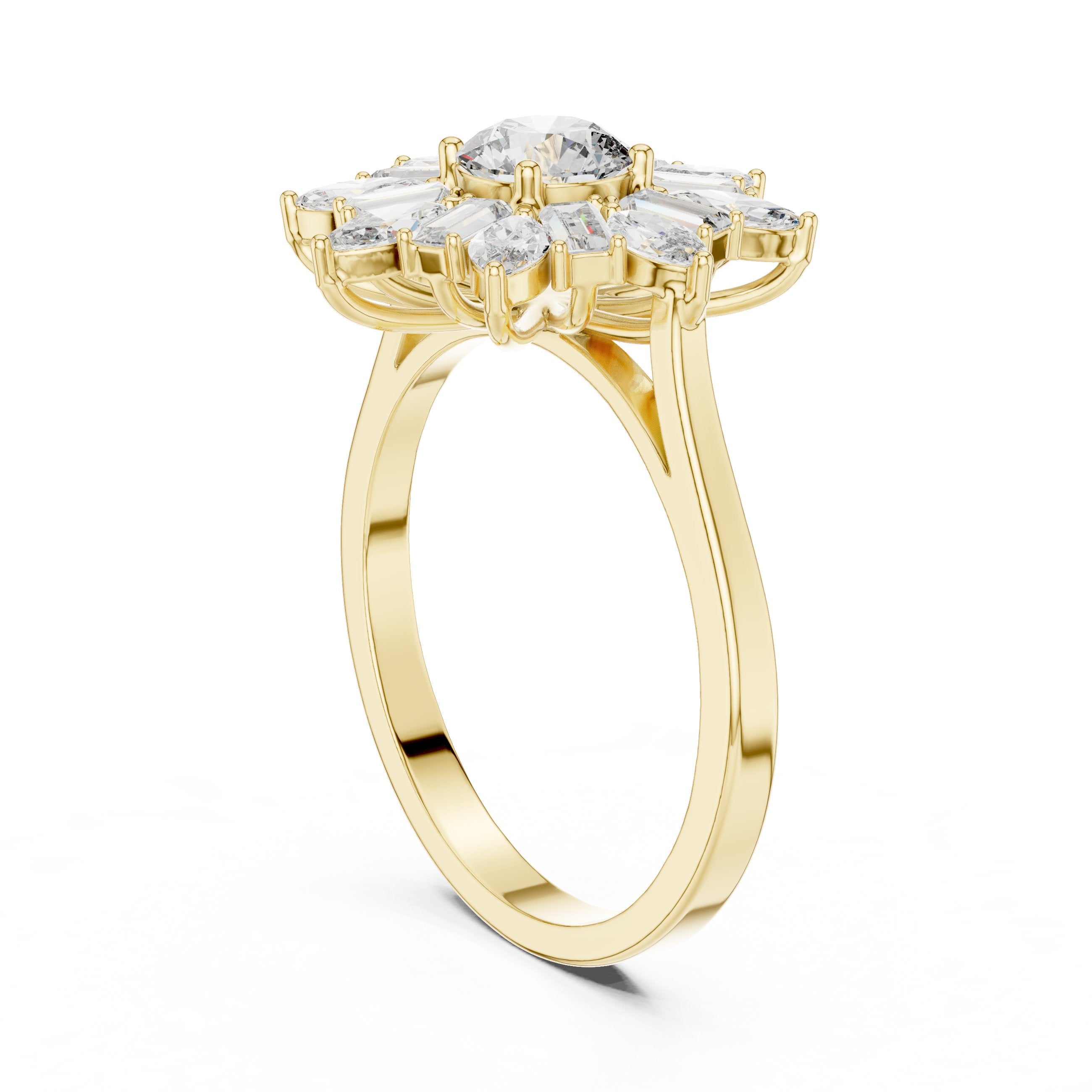 Round Diamond Floral Halo Engagement Ring with Pear and Baguette Petals in Yellow Gold - VYKA Diamonds
