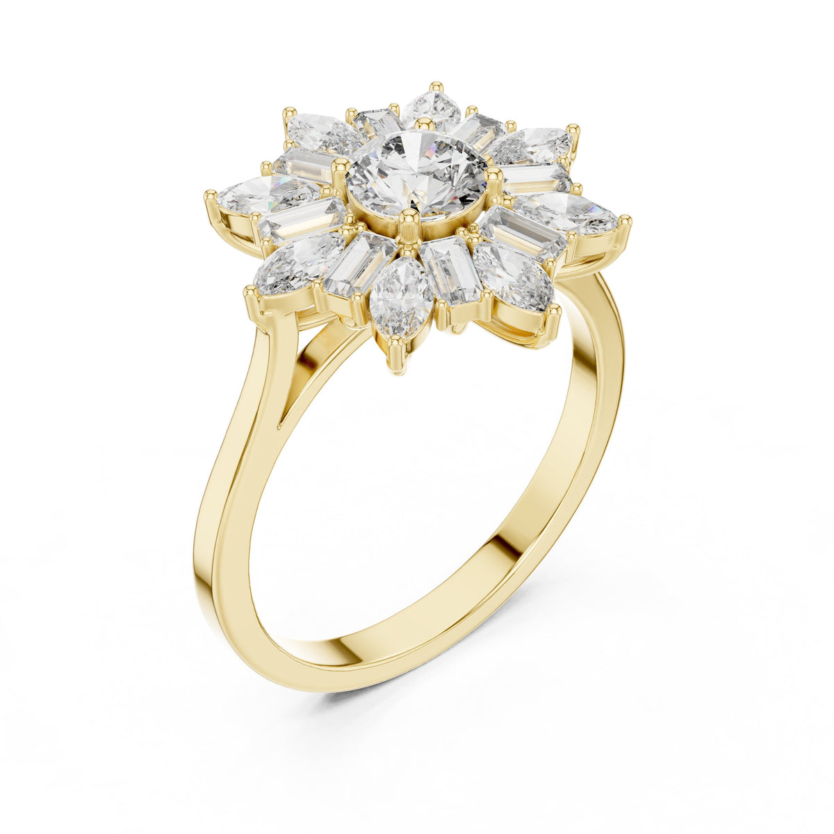 Round Diamond Floral Halo Engagement Ring with Pear and Baguette Petals
