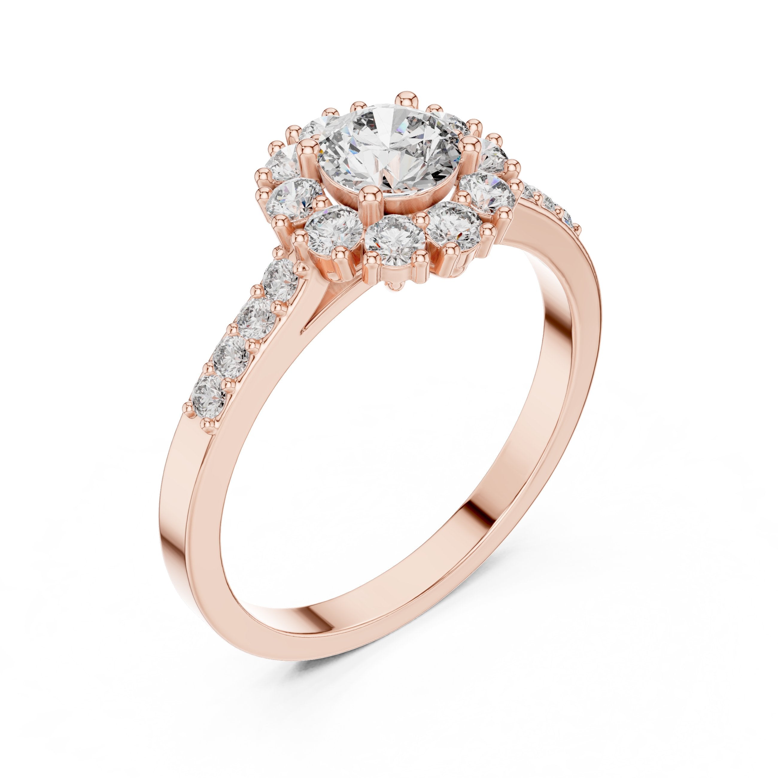 خاتم خطوبة ألماس مستدير بهالة زهرية وساق منقسم بافيه in Rose Gold - VYKA Diamonds
