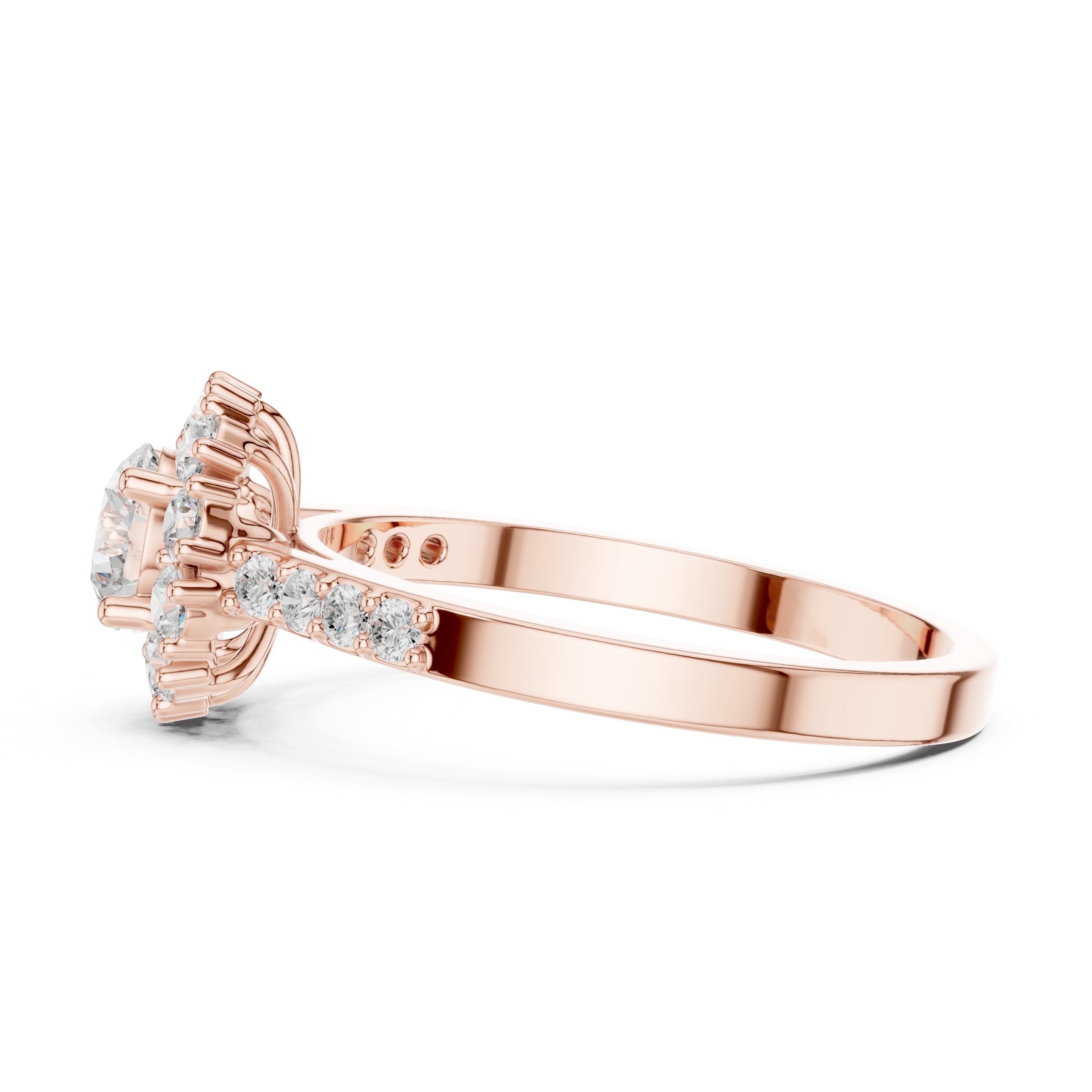 خاتم خطوبة ألماس مستدير بهالة زهرية وساق منقسم بافيه in Rose Gold - VYKA Diamonds