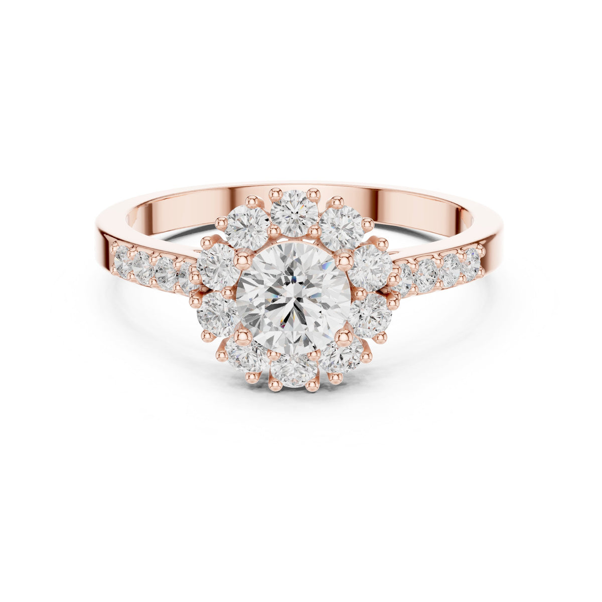 Round Diamond Floral Halo Engagement Ring with Split Shank Pavé Band