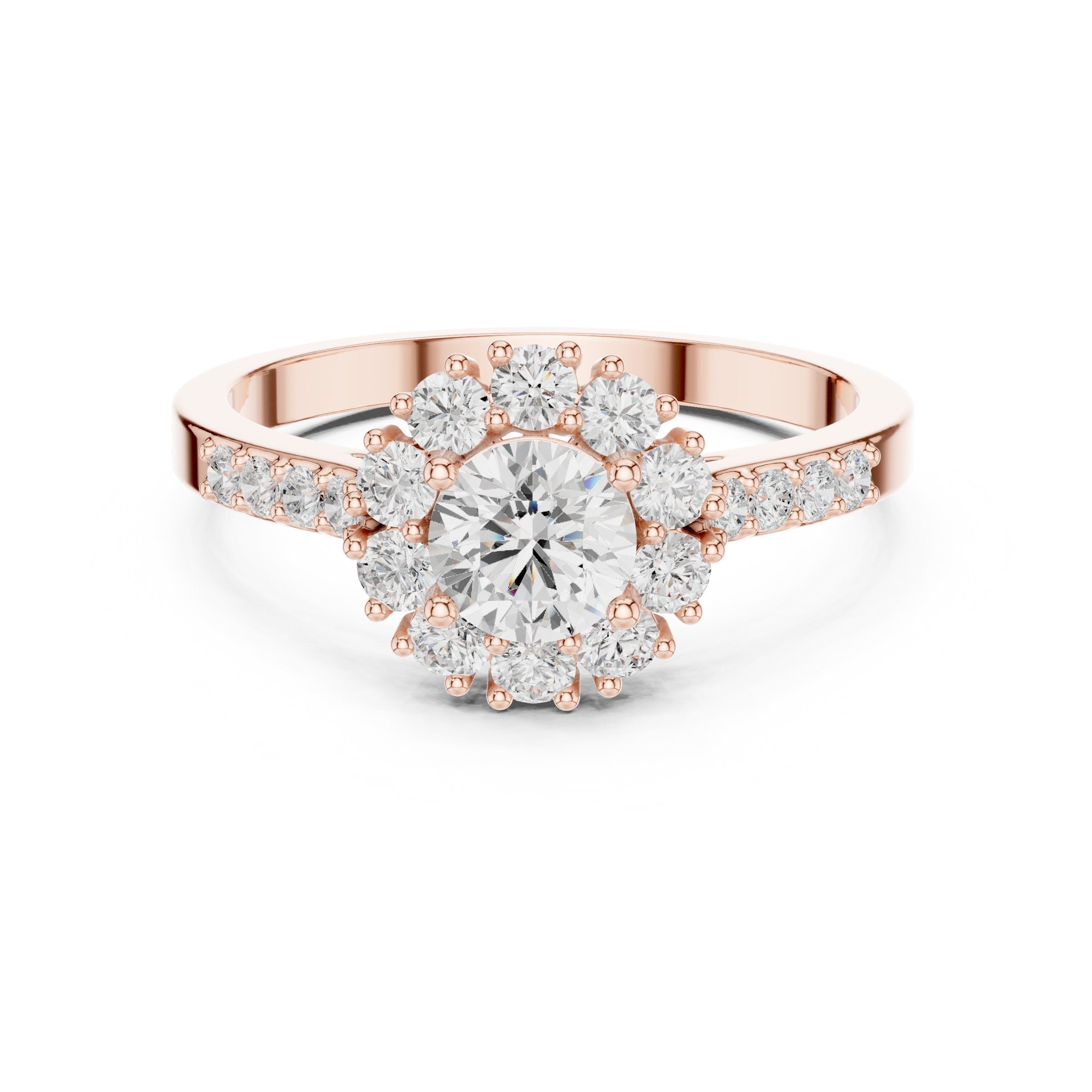 خاتم خطوبة ألماس مستدير بهالة زهرية وساق منقسم بافيه in Rose Gold - VYKA Diamonds
