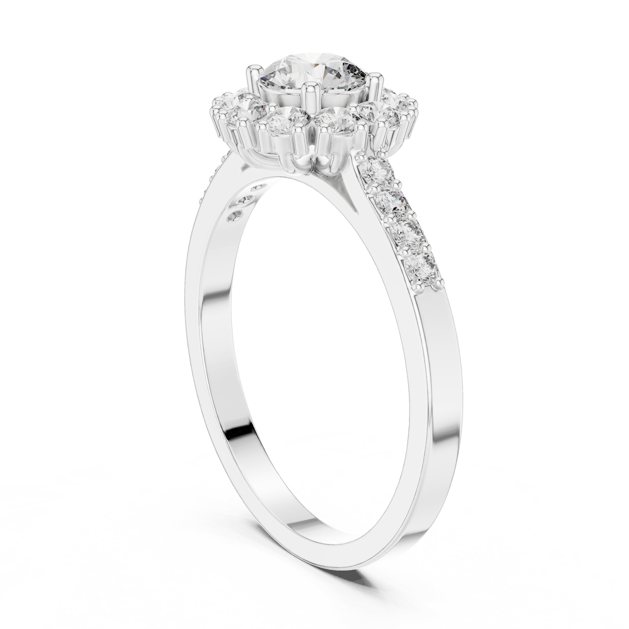 خاتم خطوبة ألماس مستدير بهالة زهرية وساق منقسم بافيه in White Gold - VYKA Diamonds