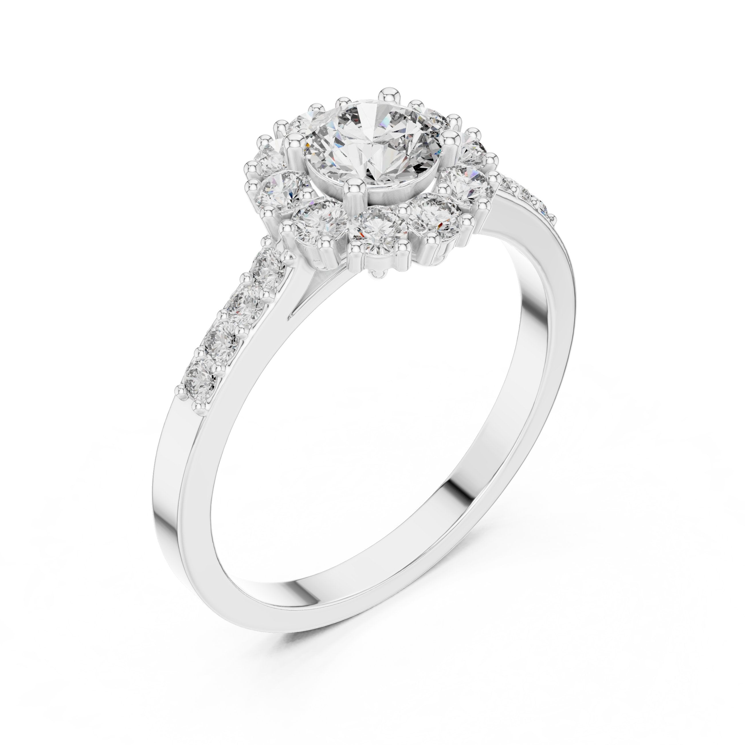 خاتم خطوبة ألماس مستدير بهالة زهرية وساق منقسم بافيه in White Gold - VYKA Diamonds