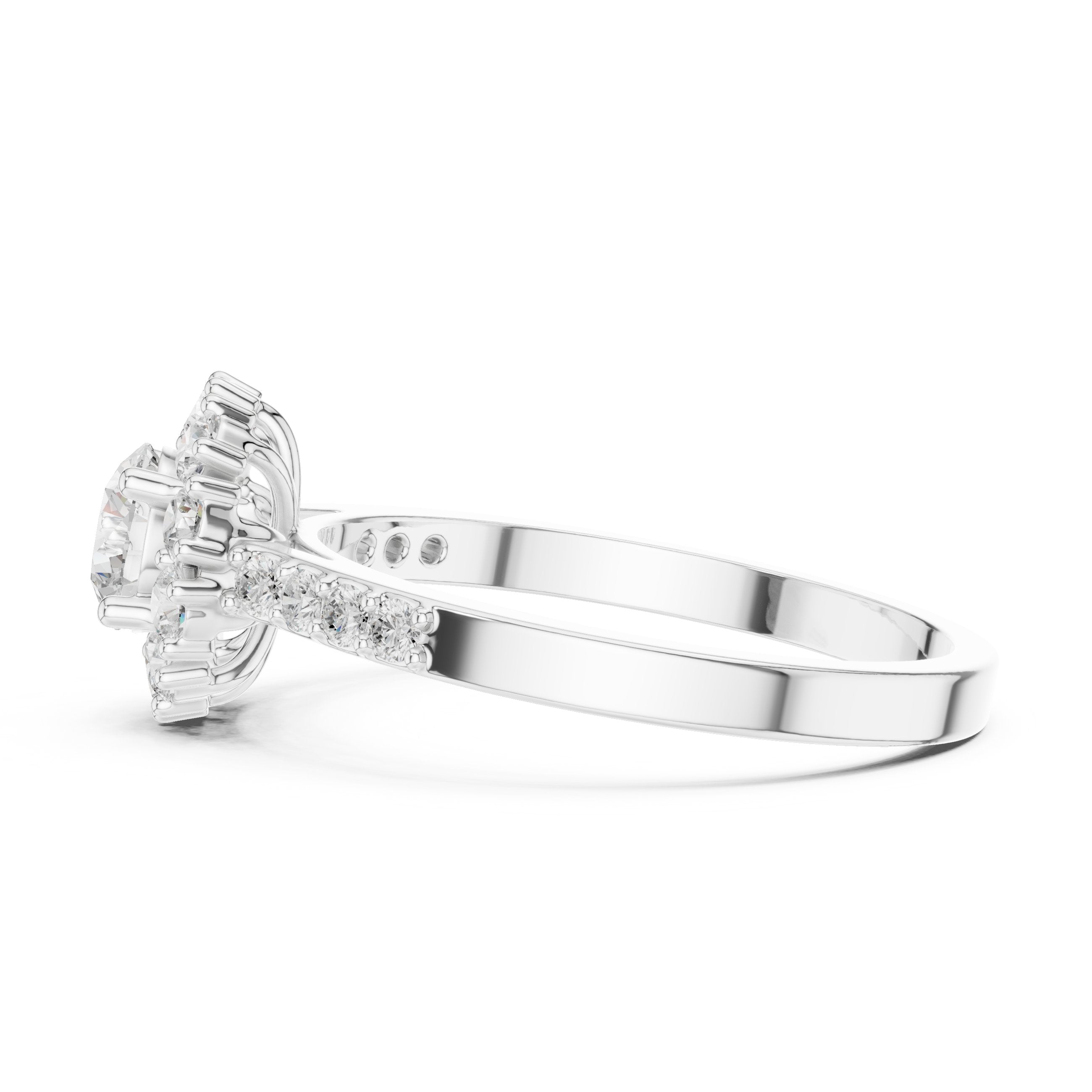 خاتم خطوبة ألماس مستدير بهالة زهرية وساق منقسم بافيه in White Gold - VYKA Diamonds