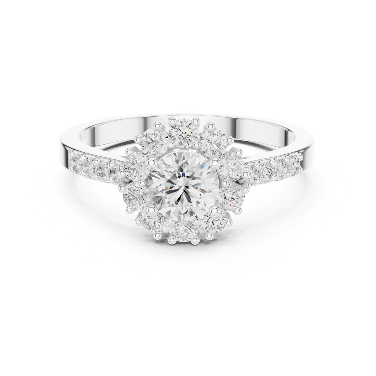 Round Diamond Floral Halo Engagement Ring with Split Shank Pavé Band