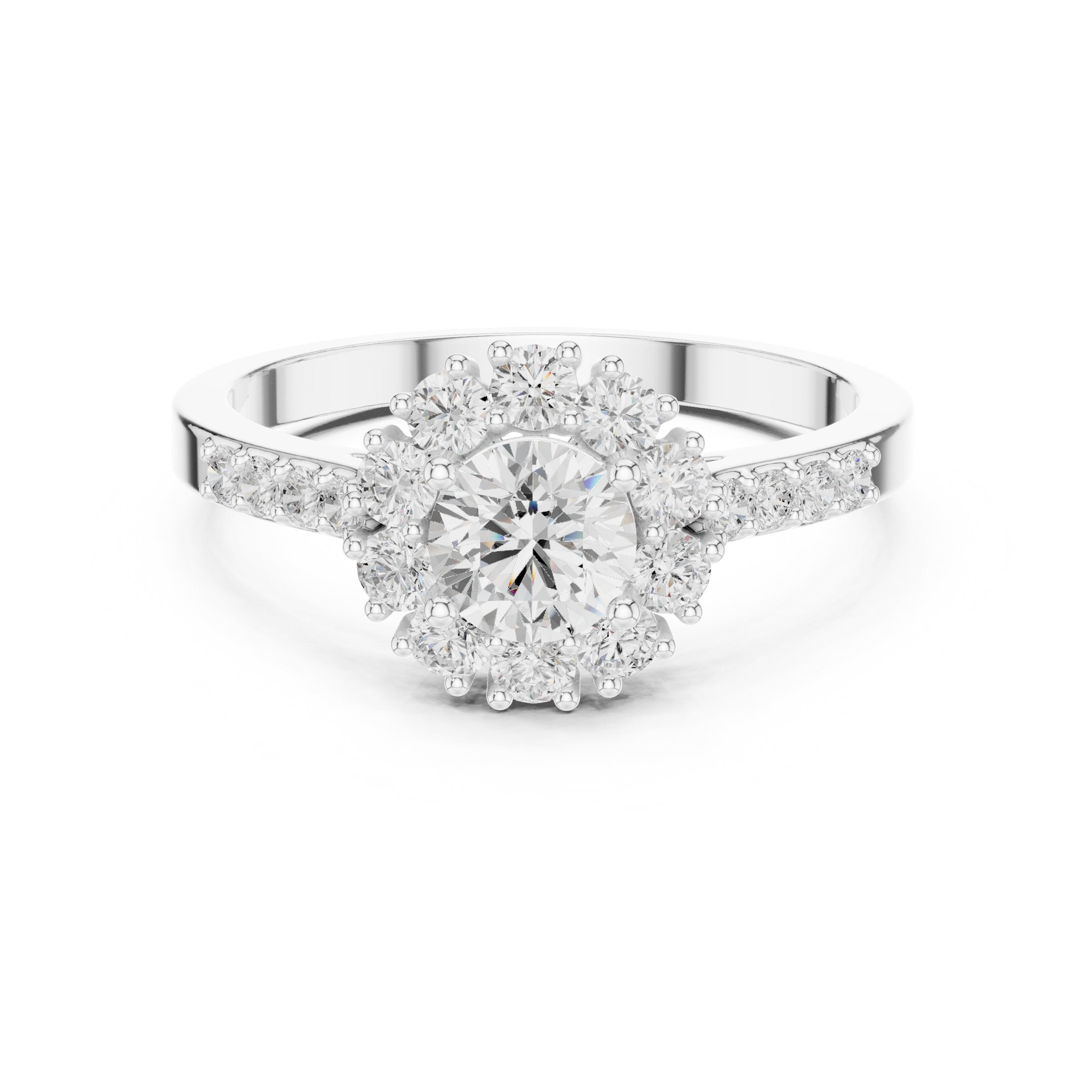 خاتم خطوبة ألماس مستدير بهالة زهرية وساق منقسم بافيه in White Gold - VYKA Diamonds