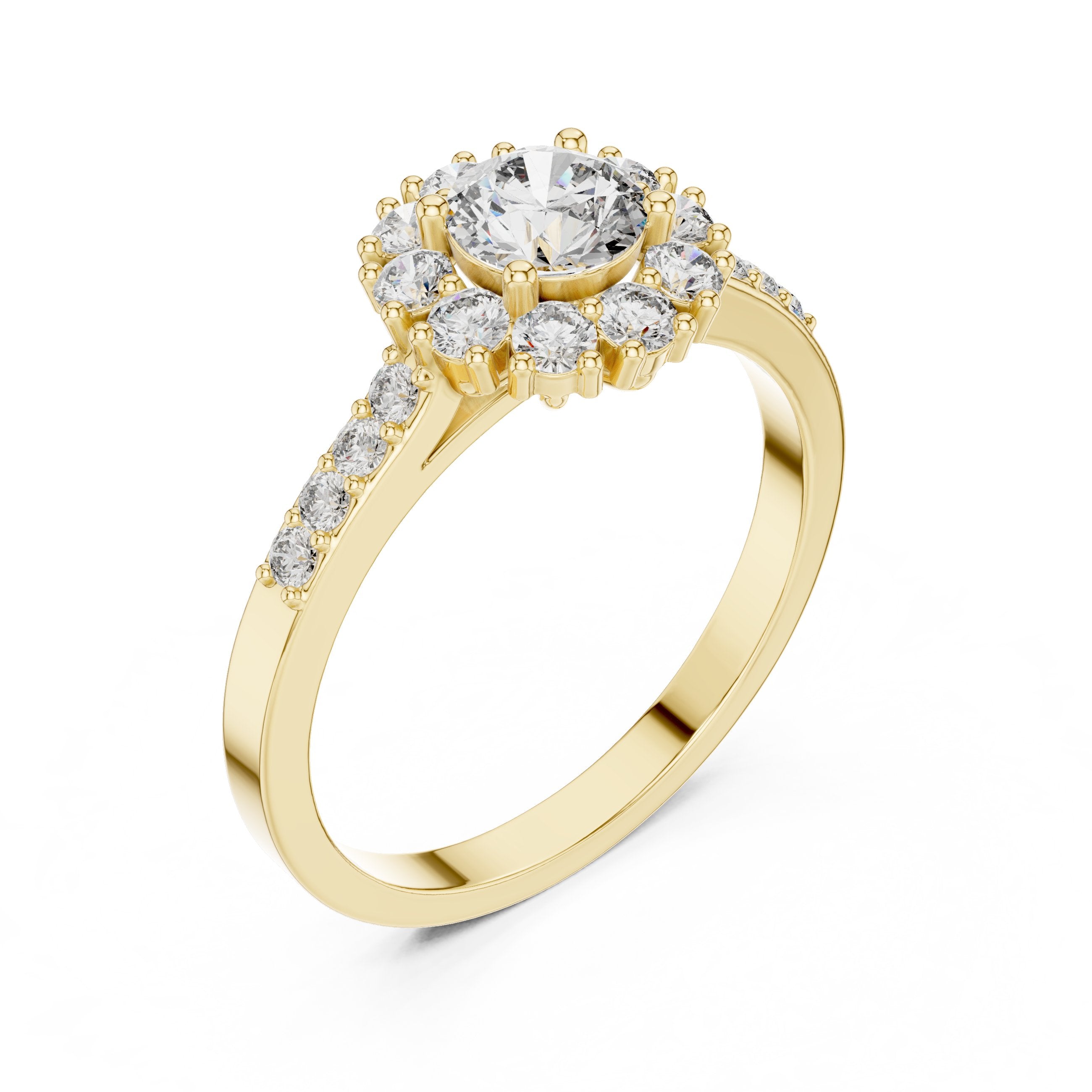 خاتم خطوبة ألماس مستدير بهالة زهرية وساق منقسم بافيه in Yellow Gold - VYKA Diamonds