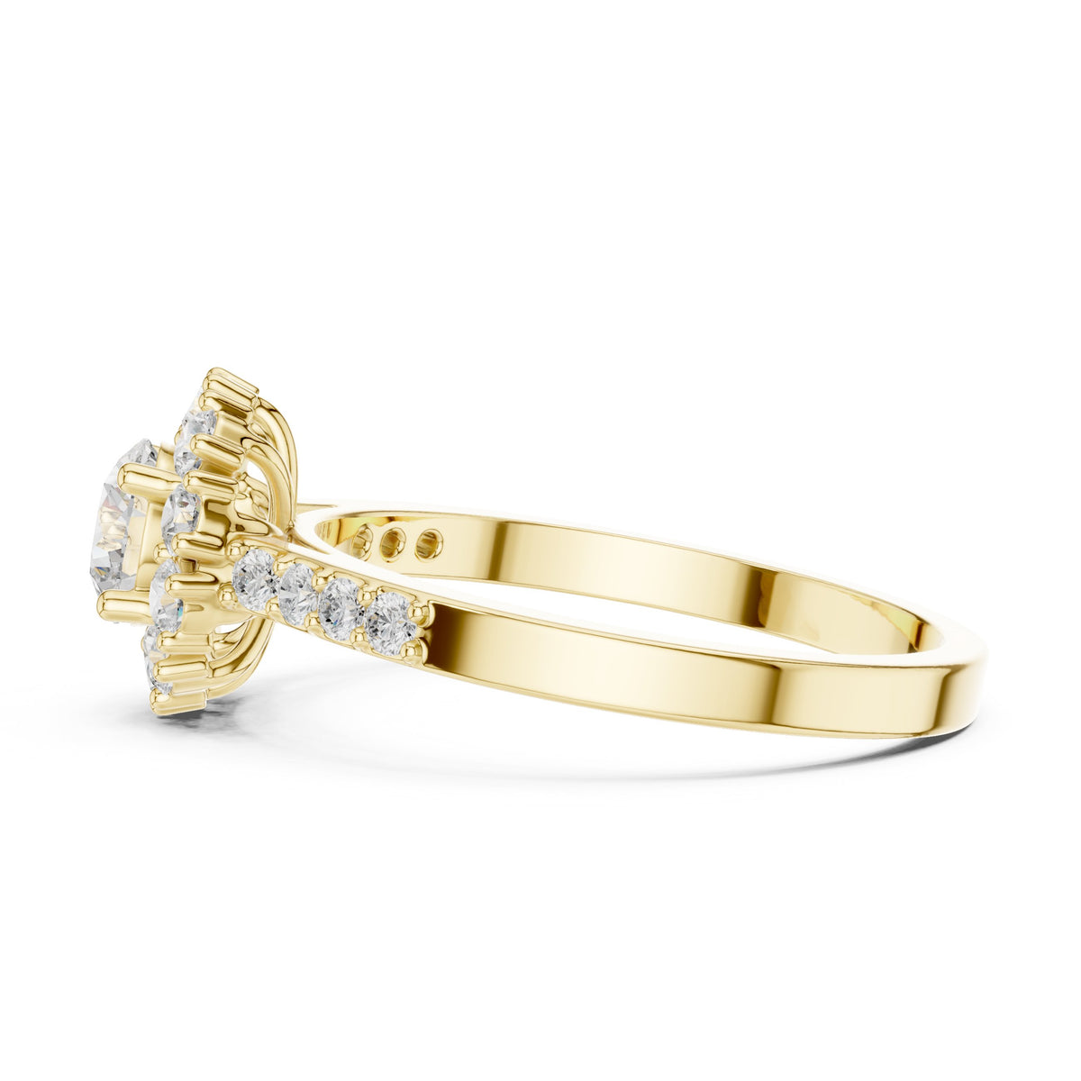 Round Diamond Floral Halo Engagement Ring with Split Shank Pavé Band