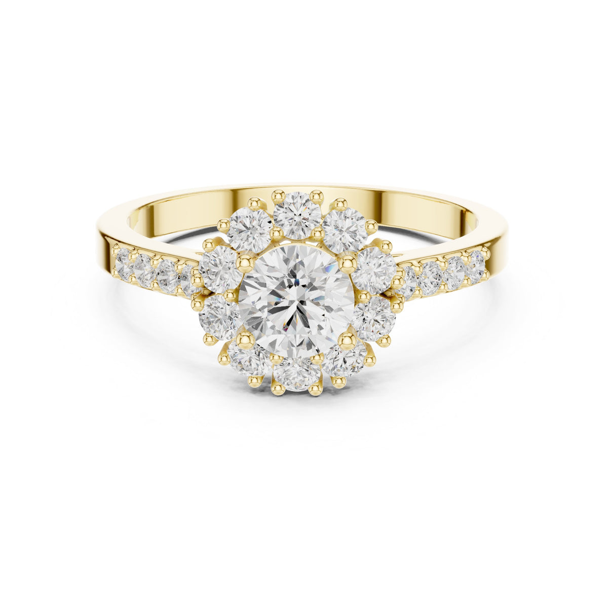 Round Diamond Floral Halo Engagement Ring with Split Shank Pavé Band