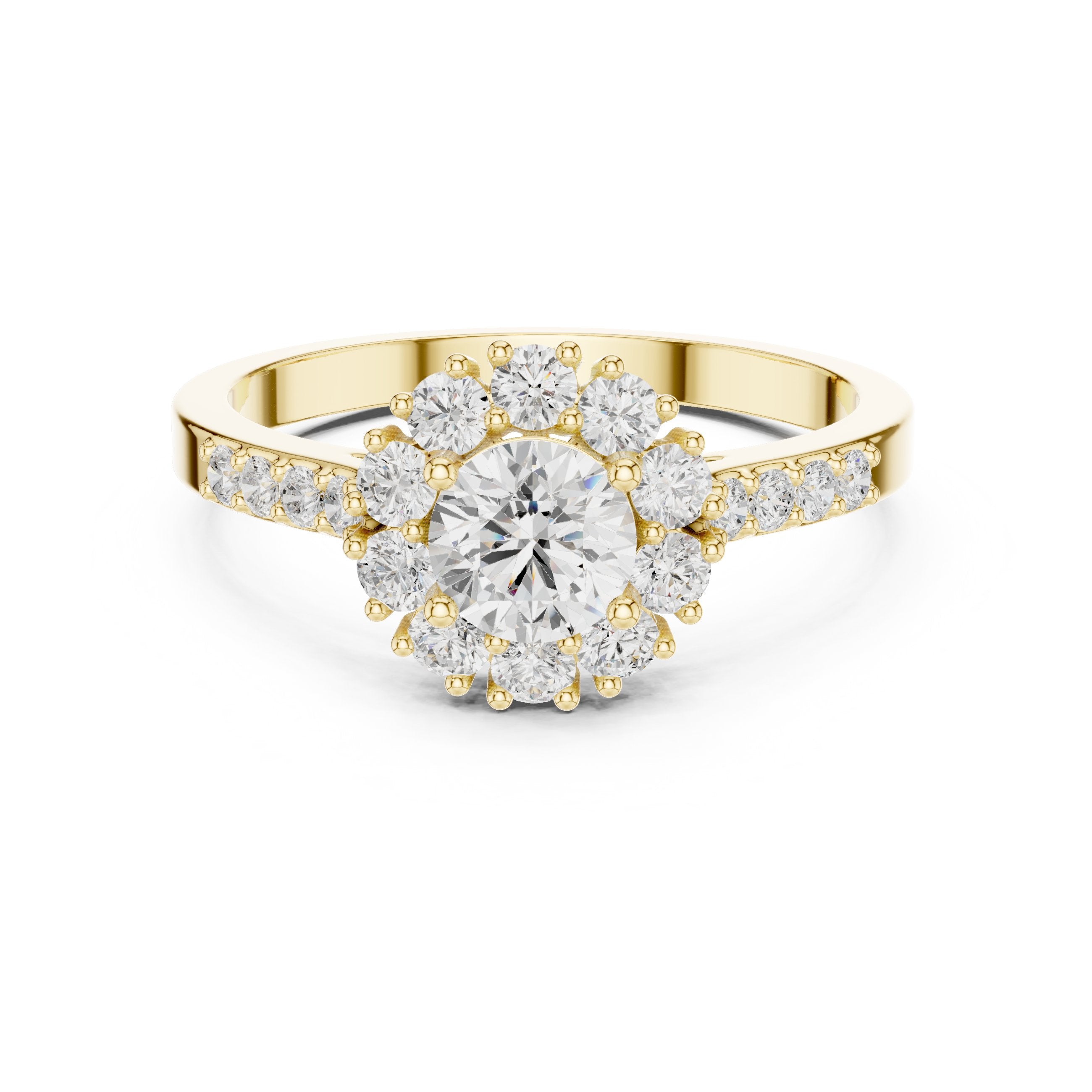 خاتم خطوبة ألماس مستدير بهالة زهرية وساق منقسم بافيه in Yellow Gold - VYKA Diamonds
