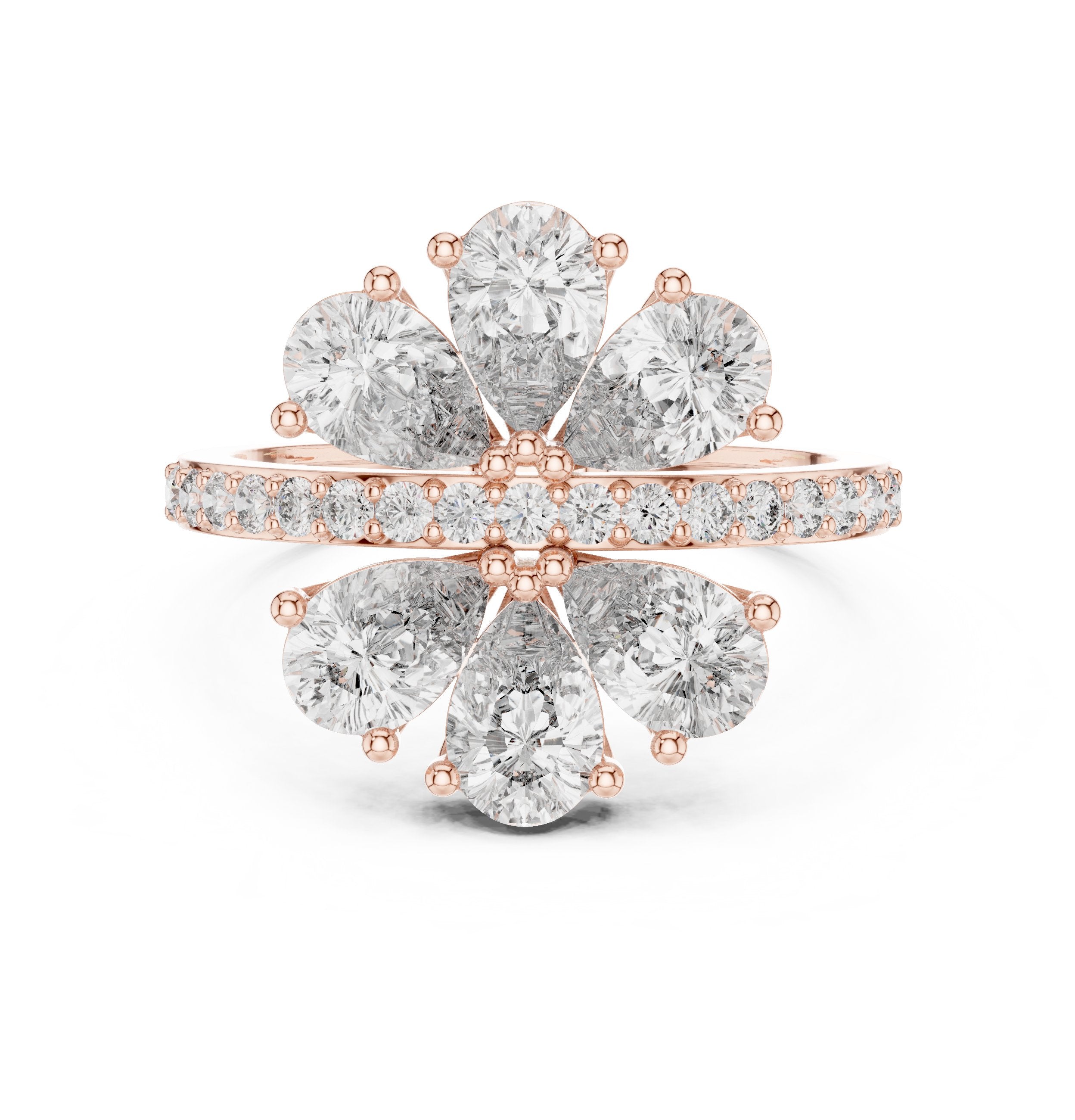 Pear Diamond Floral Cluster Statement Engagement Ring with Pavé Band in Rose Gold - VYKA Diamonds