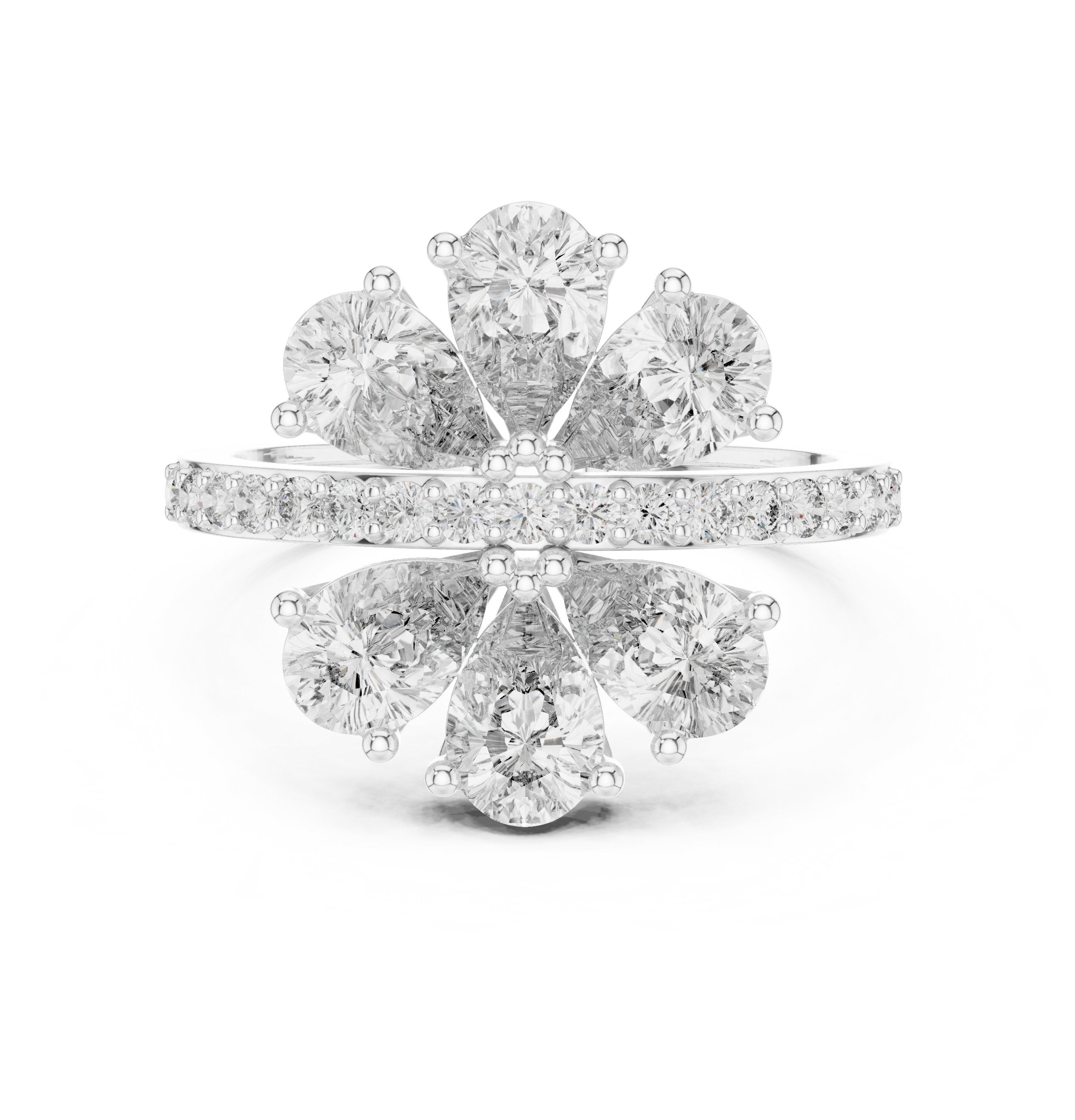 Pear Diamond Floral Cluster Statement Engagement Ring with Pavé Band in White Gold - VYKA Diamonds