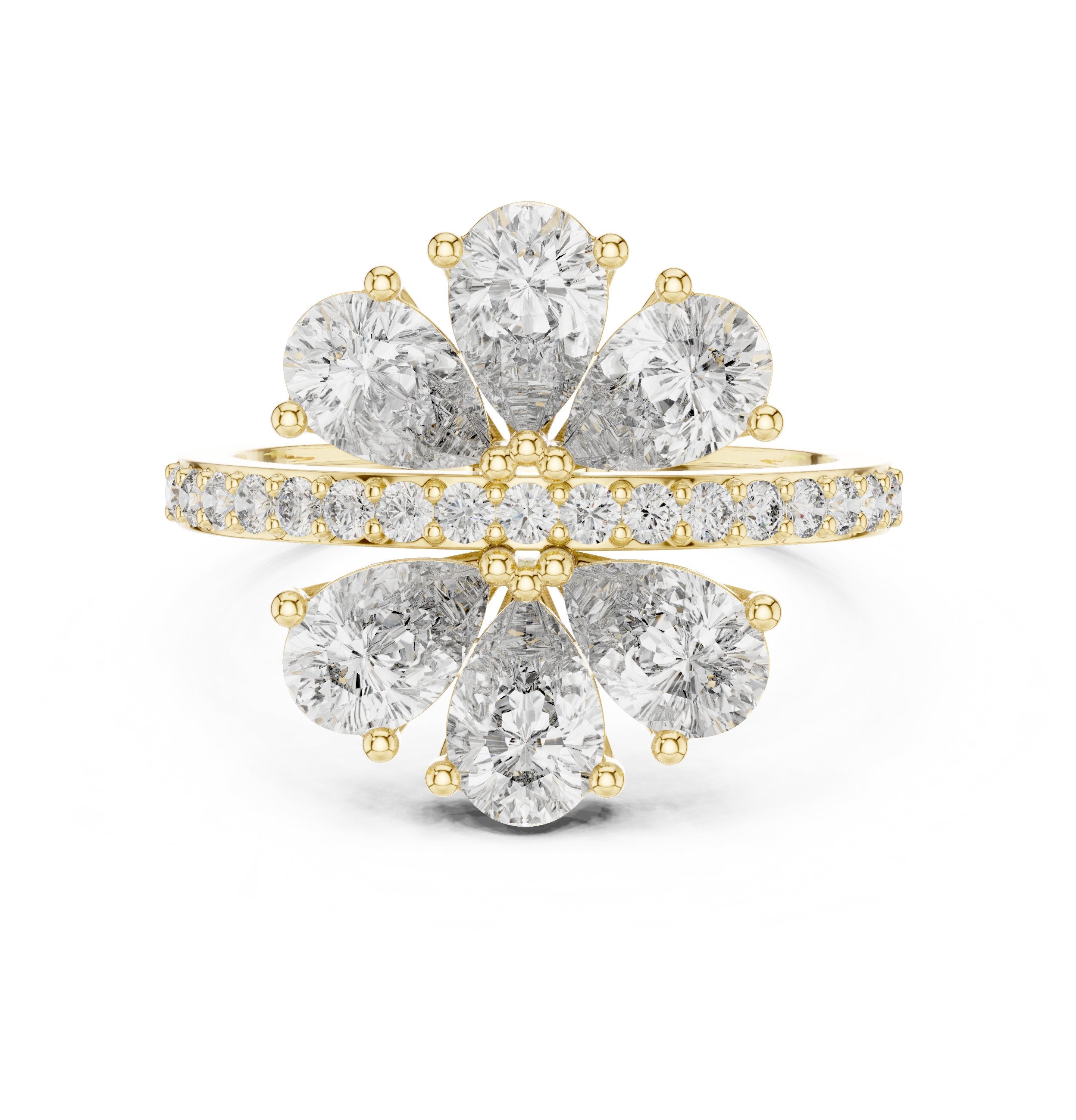 Pear Diamond Floral Cluster Statement Engagement Ring with Pavé Band in Yellow Gold - VYKA Diamonds