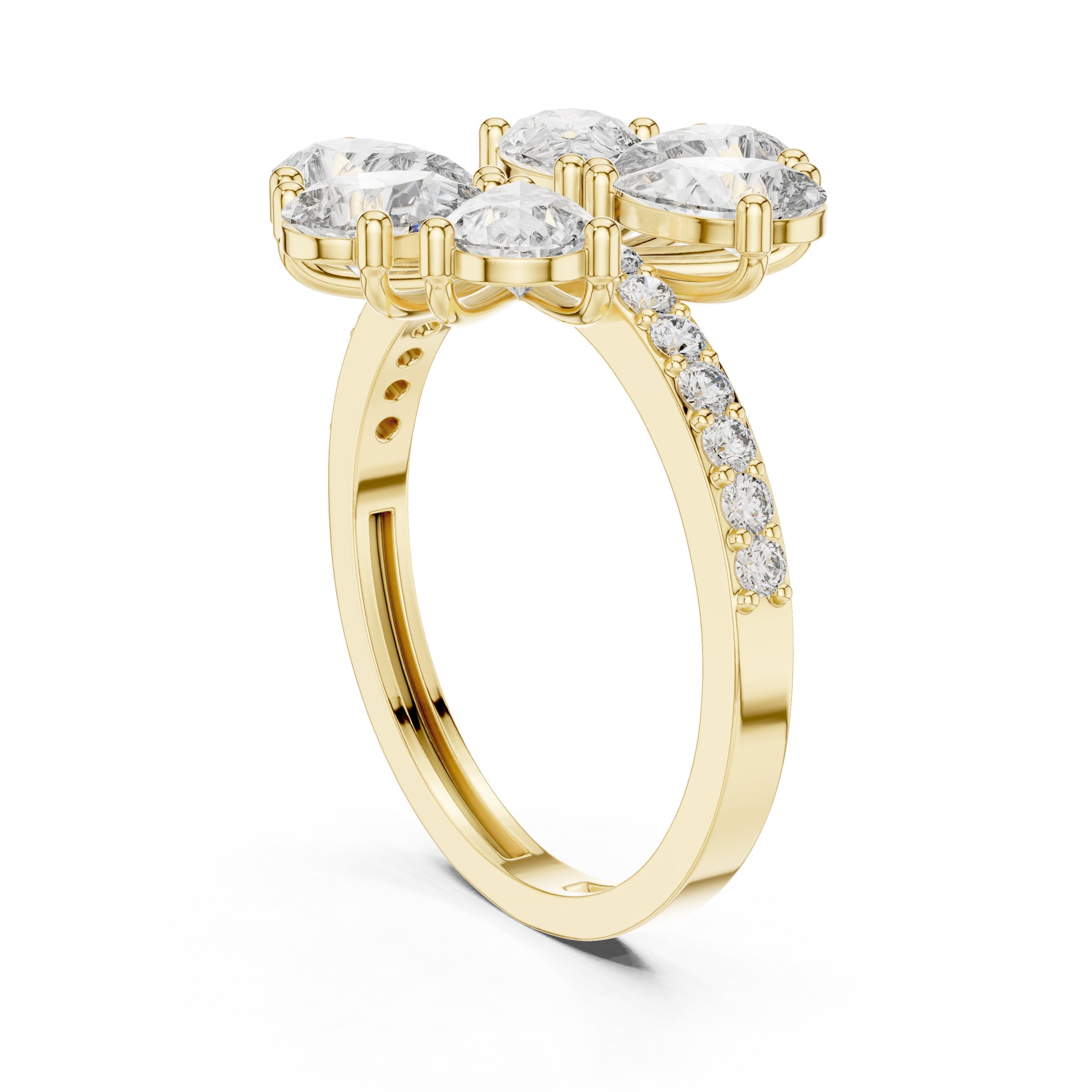 Pear Diamond Floral Cluster Statement Engagement Ring with Pavé Band in Yellow Gold - VYKA Diamonds