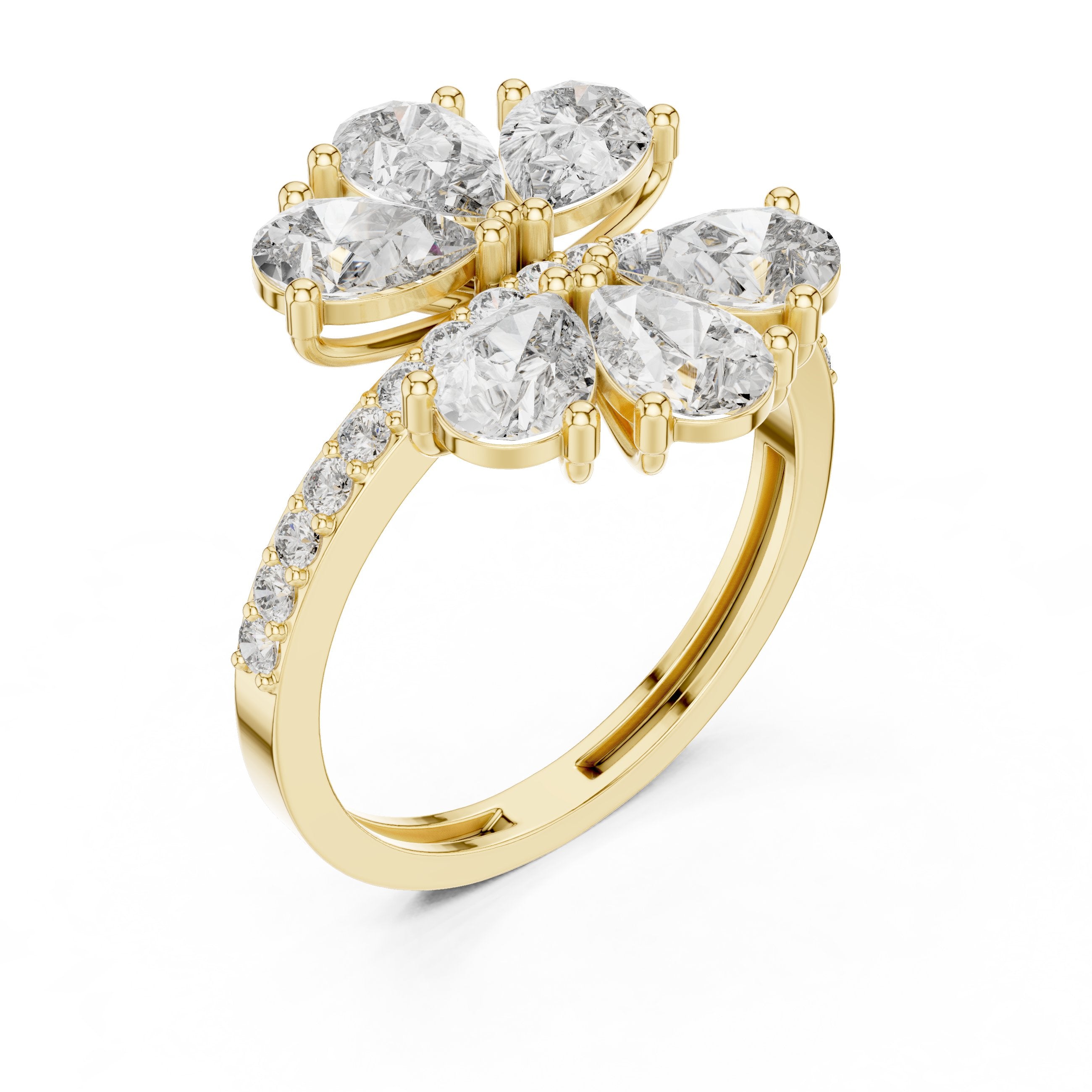 Pear Diamond Floral Cluster Statement Engagement Ring with Pavé Band in Yellow Gold - VYKA Diamonds
