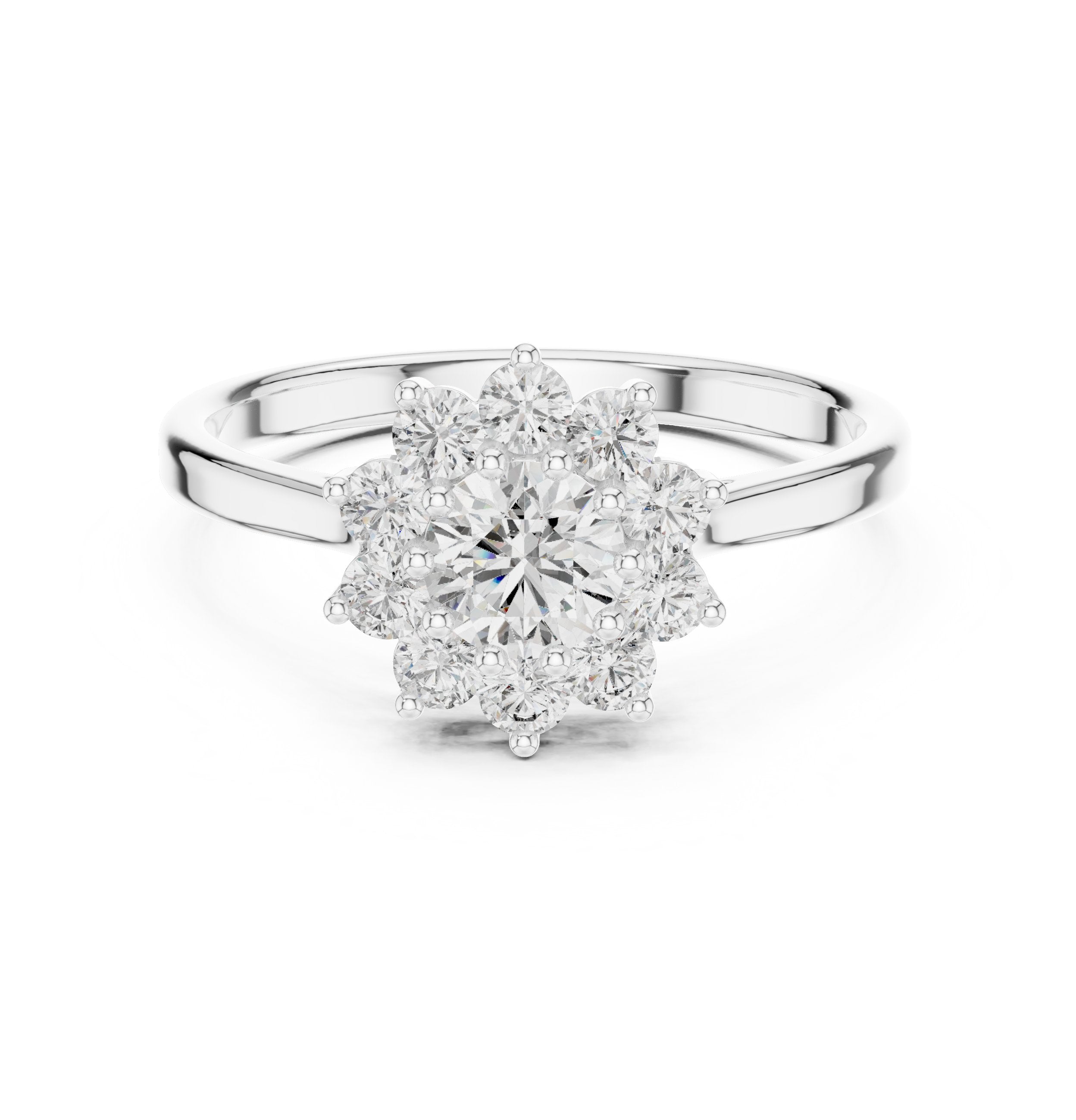 Round Diamond Floral Halo Engagement Ring in White Gold - VYKA Diamonds