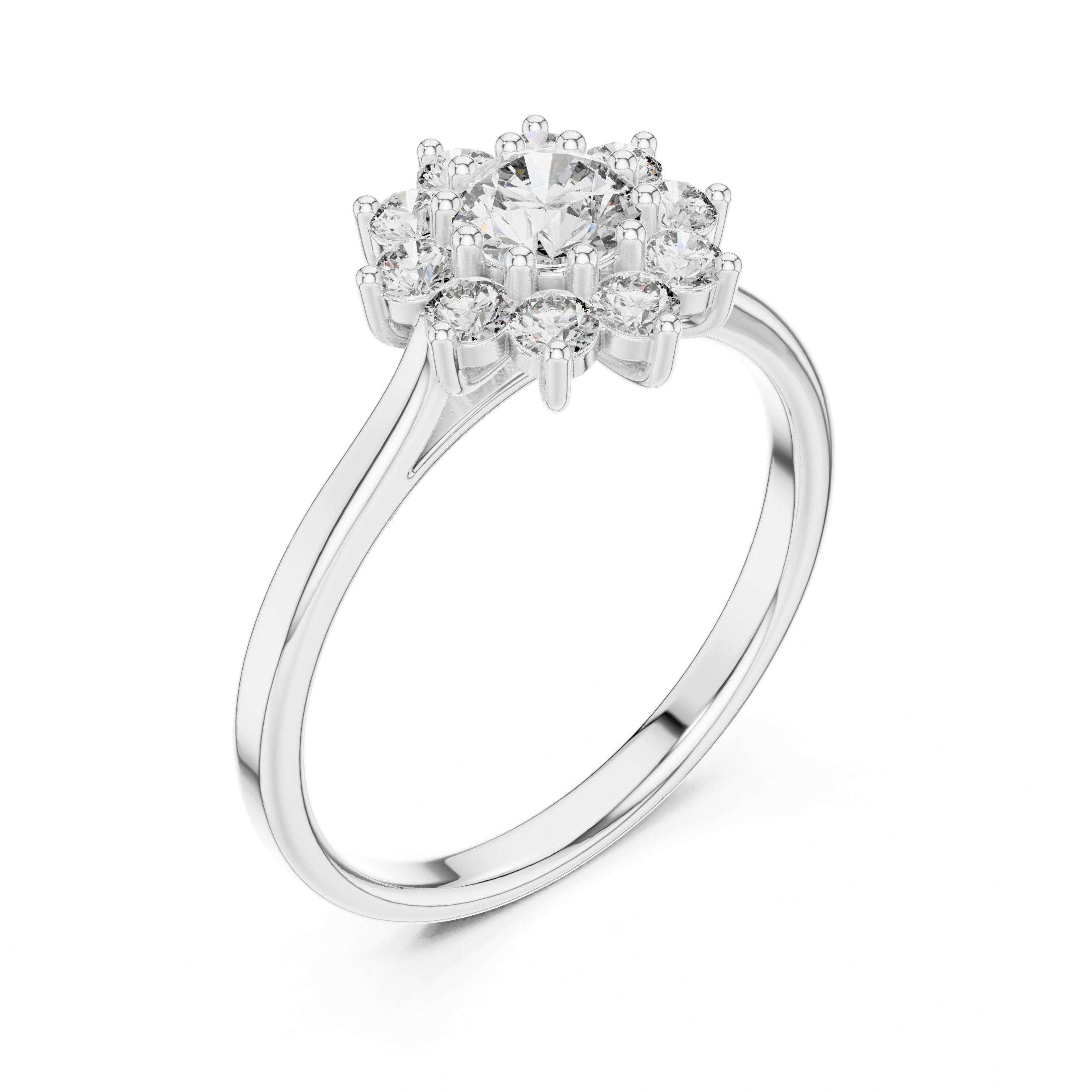 Round Diamond Floral Halo Engagement Ring in White Gold - VYKA Diamonds