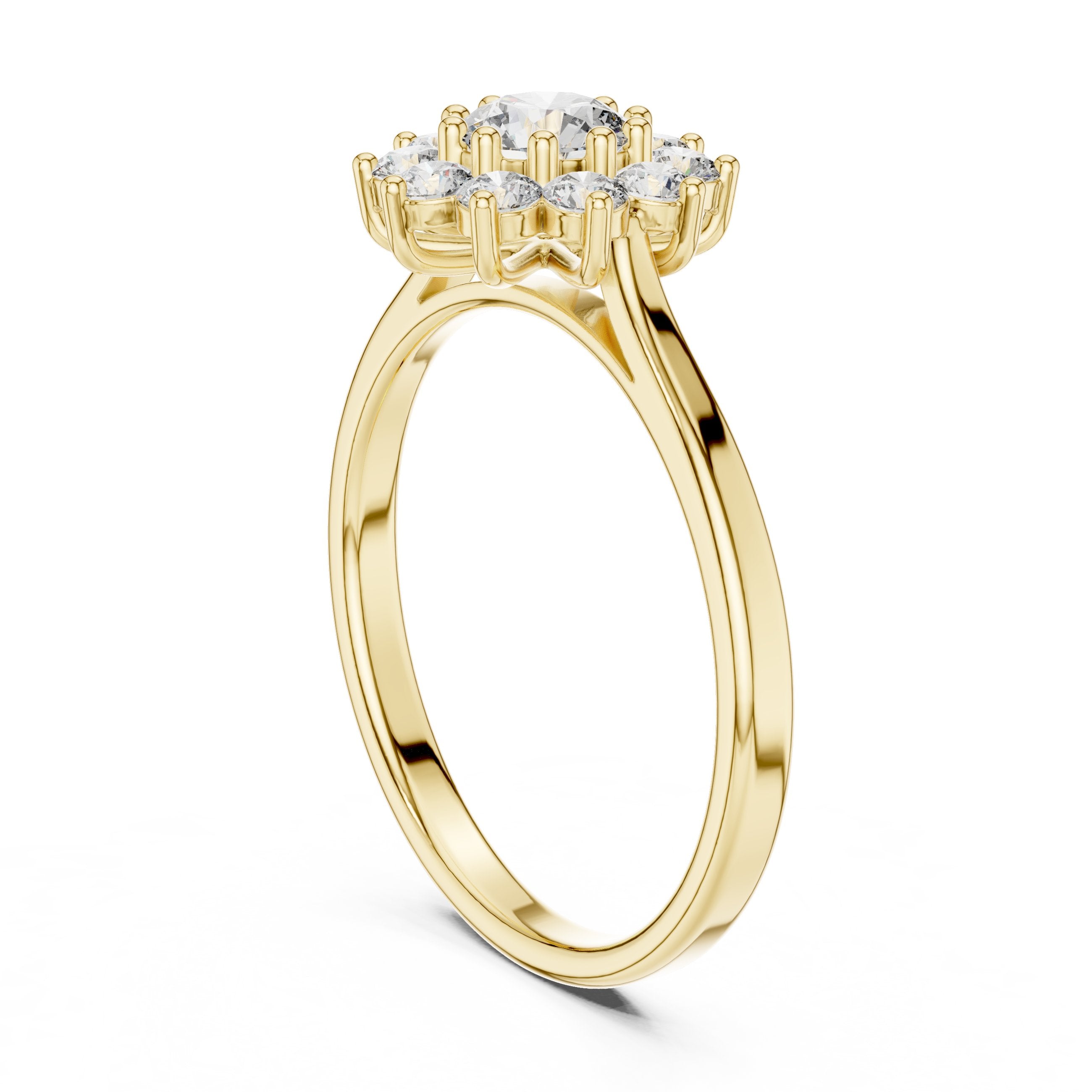 Round Diamond Floral Halo Engagement Ring in Yellow Gold - VYKA Diamonds
