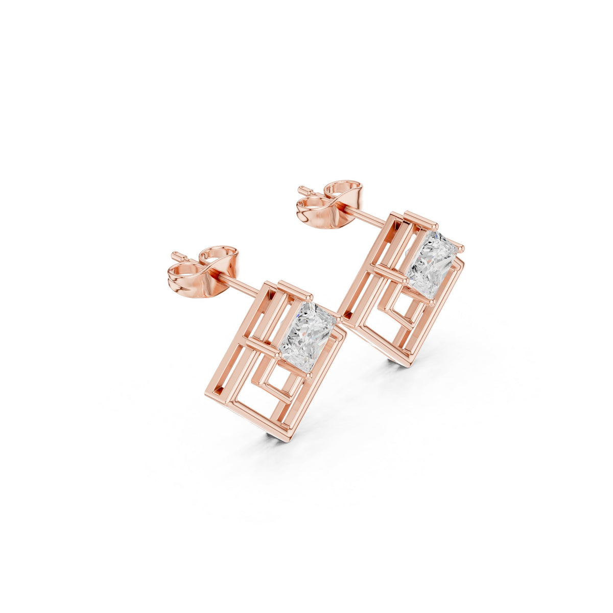 Kite Princess Square Frame Diamond Stud Earrings in Rose Gold - VYKA Diamonds