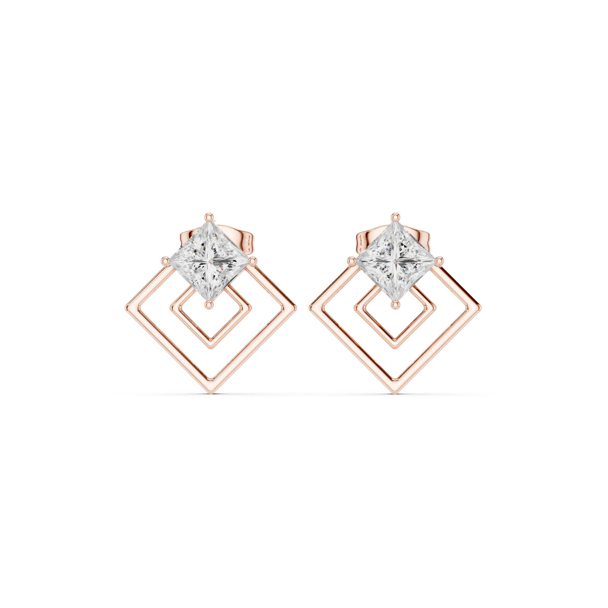 Kite Princess Square Frame Diamond Stud Earrings in Rose Gold - VYKA Diamonds