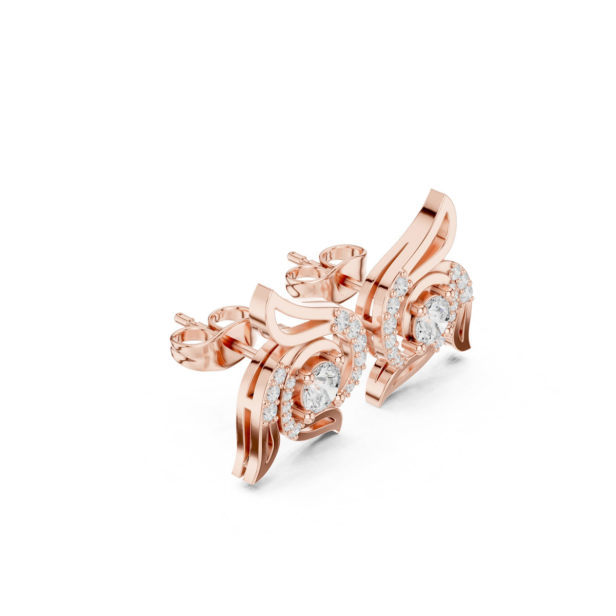 Wing Scroll Round Diamond Stud Earrings