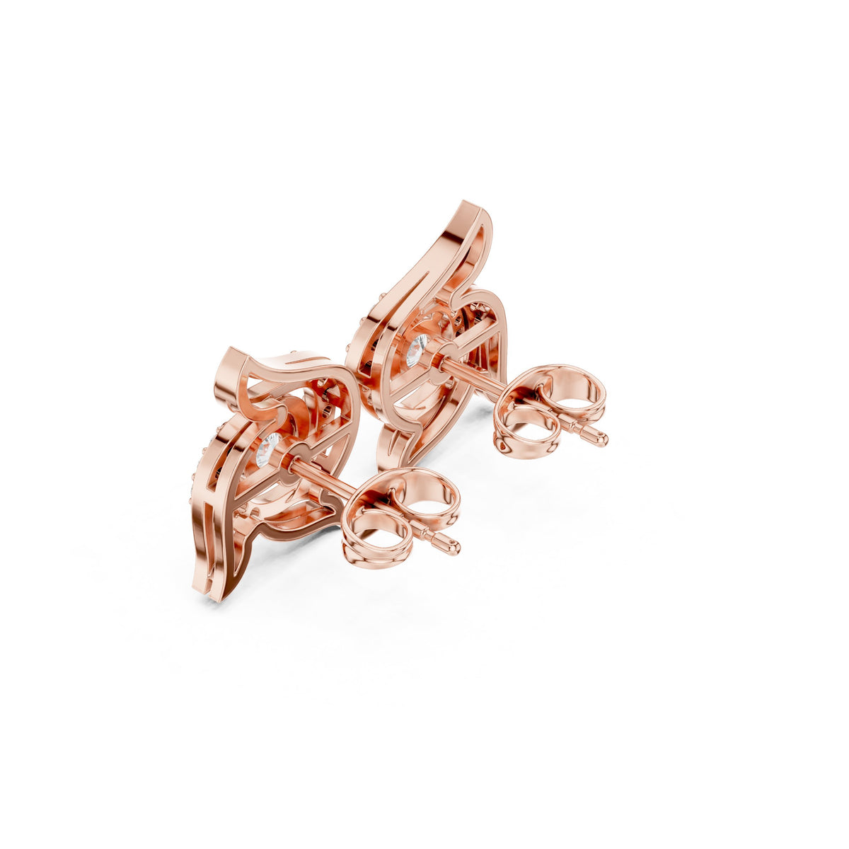 Wing Scroll Round Diamond Stud Earrings in Rose Gold - VYKA Diamonds