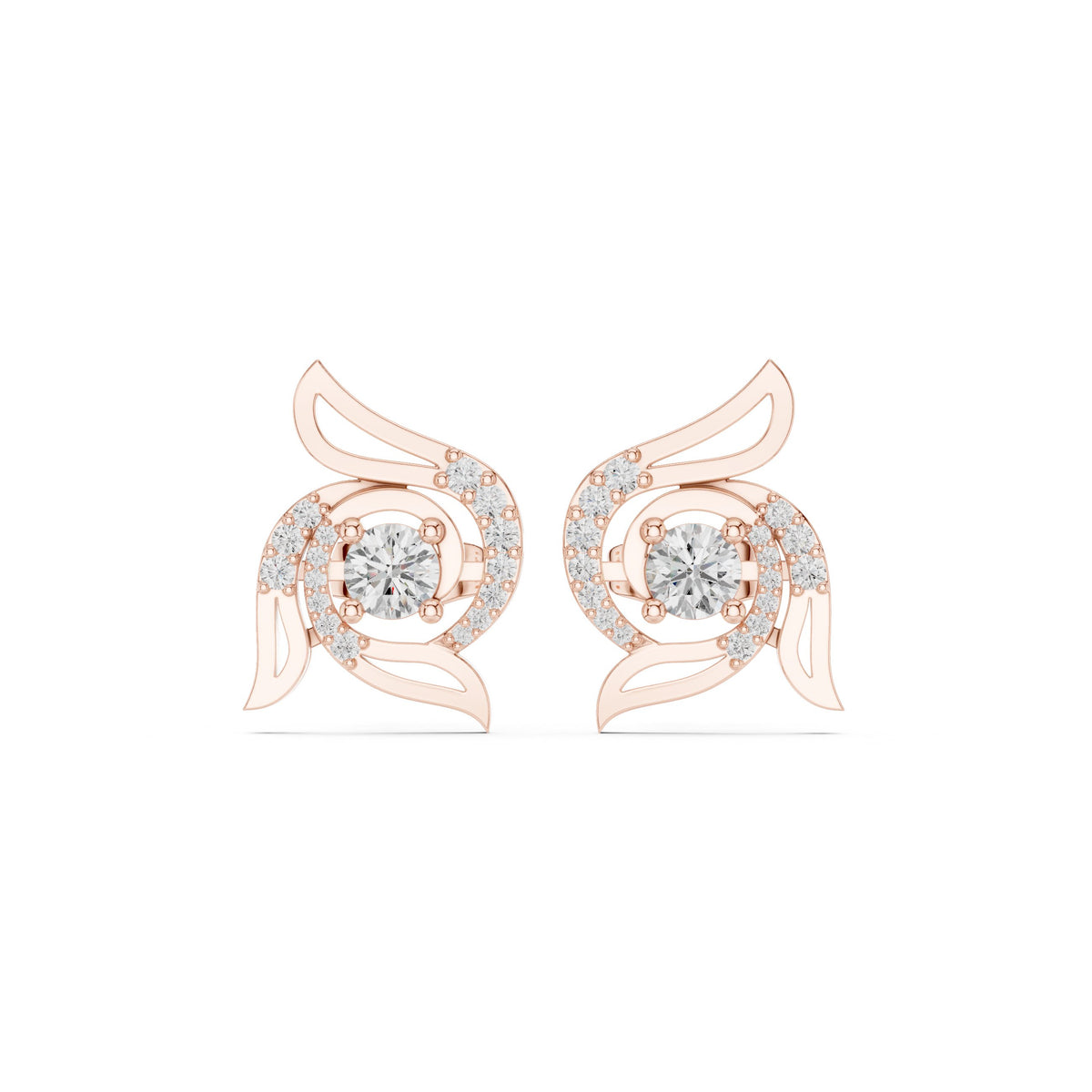 Wing Scroll Round Diamond Stud Earrings in Rose Gold - VYKA Diamonds