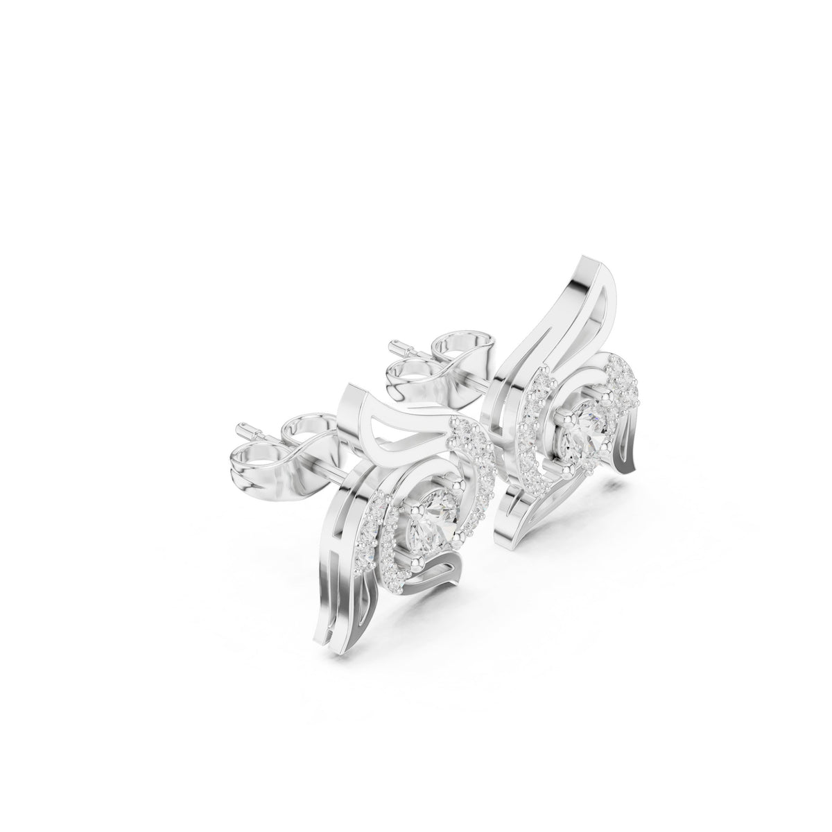 Wing Scroll Round Diamond Stud Earrings